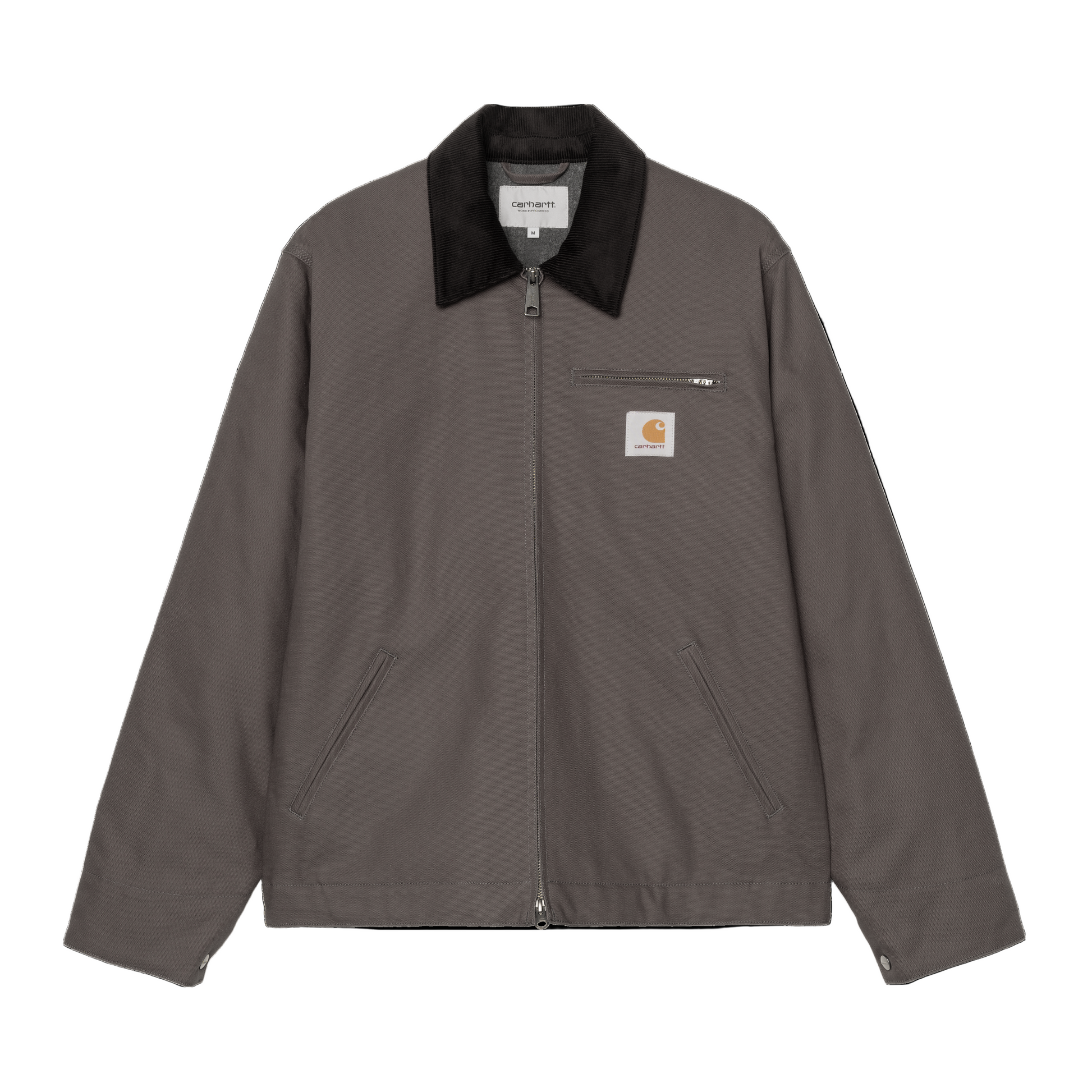 Casaco para homem Carhartt WIP Detroit em Graphite/Preto Rigid. Foto da parte da frente, fechado.