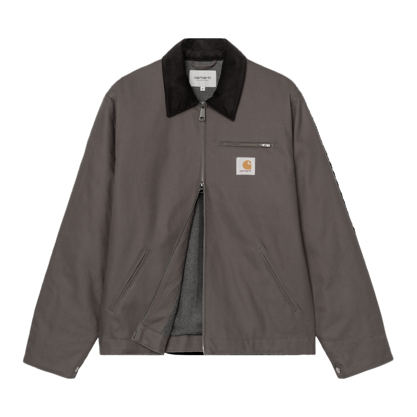Casaco para homem Carhartt WIP Detroit em Graphite/Preto Rigid. Foto da parte da frente, aberto por baixo.