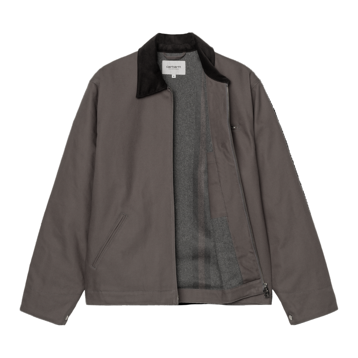 Casaco para homem Carhartt WIP Detroit em Graphite/Preto Rigid. Foto da parte da frente, totalmente aberto.