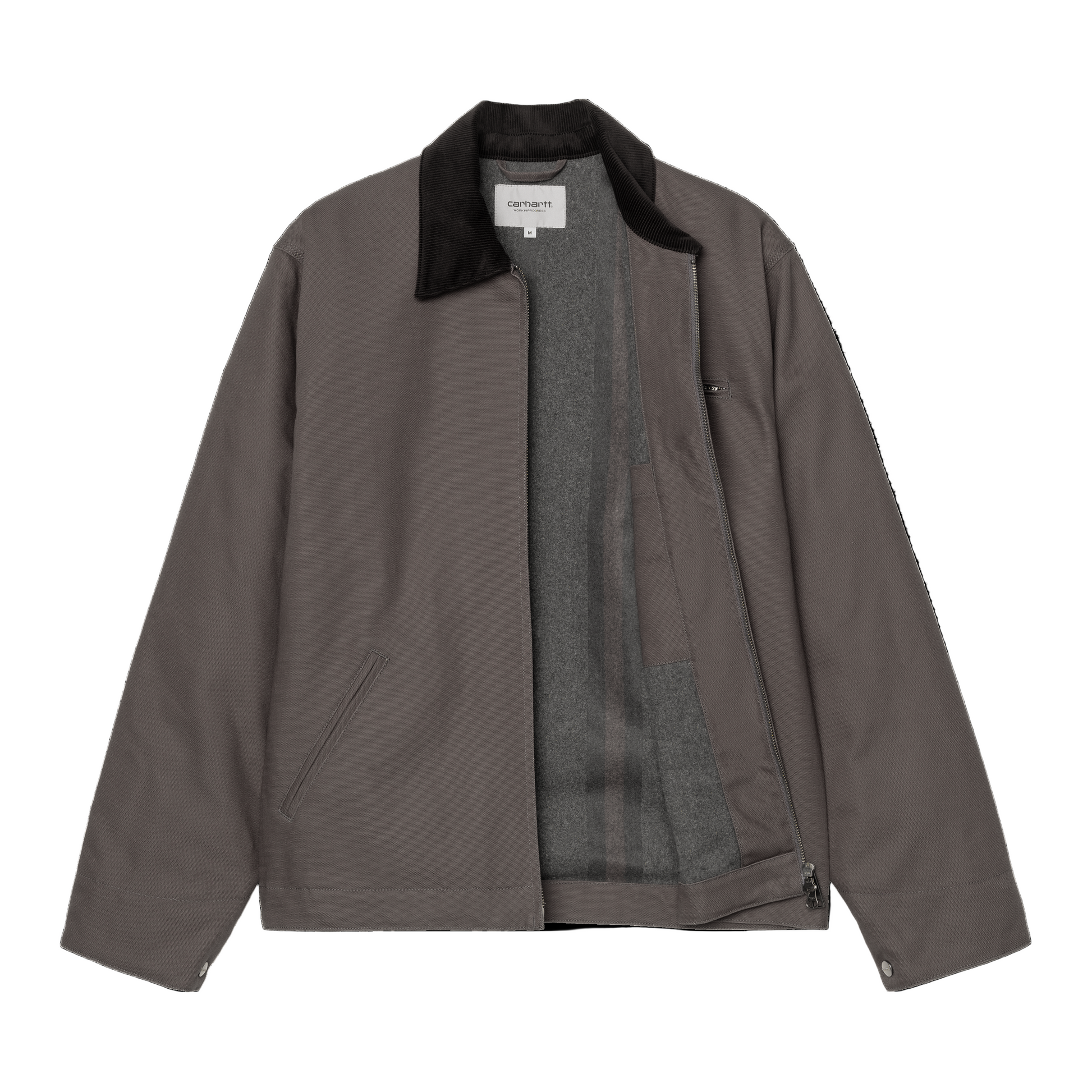 Casaco para homem Carhartt WIP Detroit em Graphite/Preto Rigid. Foto da parte da frente, totalmente aberto.