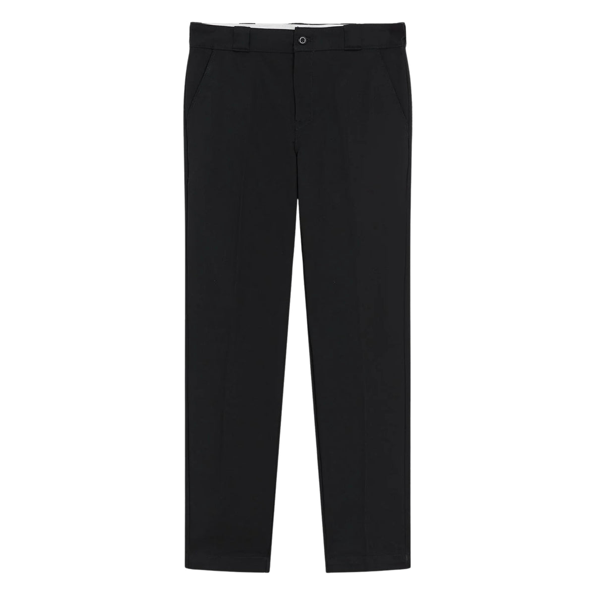 Calças Dickies 247 Slim Work Pant em Preto — vista frontal, produto sem modelo, tecido preto, pinças frontais, fecho oculto com botão, bolsos laterais e bolso adicional na perna, fundo branco.