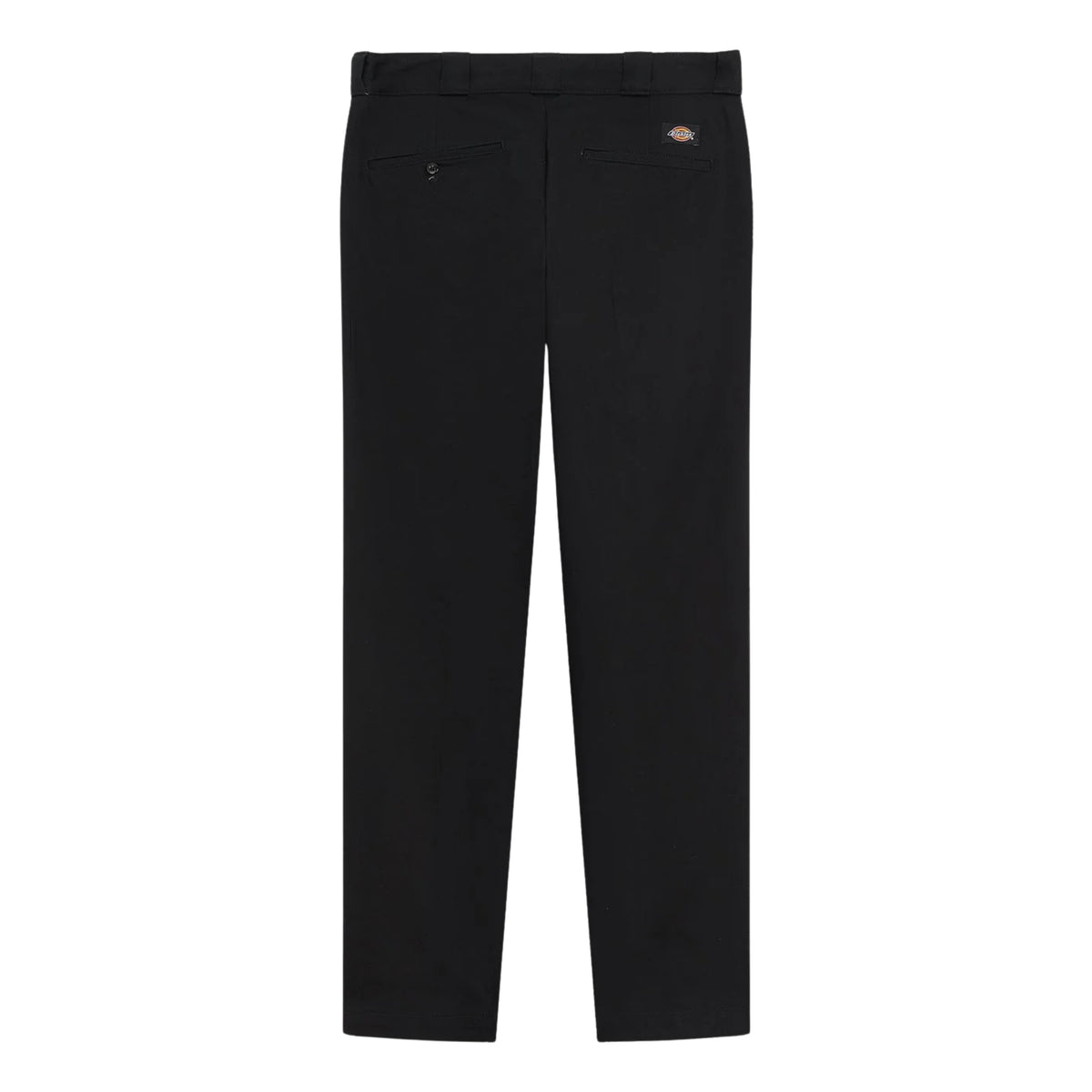 Calças Dickies 247 Slim Work Pant em Preto — vista traseira, produto sem modelo, tecido preto, bolsos traseiros ribeteados, etiqueta woven Dickies vermelha no bolso traseiro e corte slim, fundo branco.