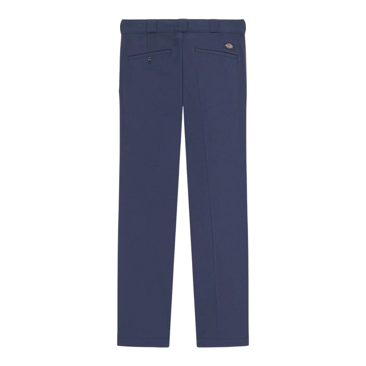 Calças Dickies 247 Slim Work Pant em Dark Navy — vista traseira, produto sem modelo, tecido de algodão azul-marinho escuro, dois bolsos traseiros ribeteados com etiqueta woven Dickies, passadores para cinto e corte slim, fundo branco.