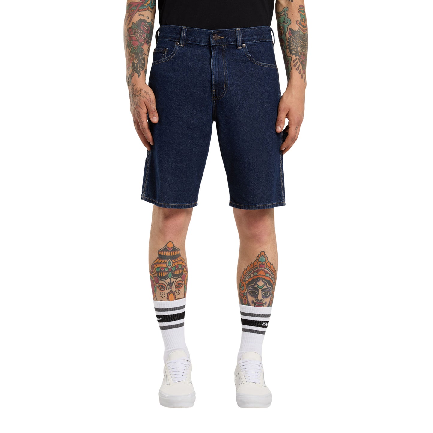 Calções de ganga para homem Dickies 993 11 Inch Carpenter em Dark Indigo. Foto da parte da frente, vestidos.