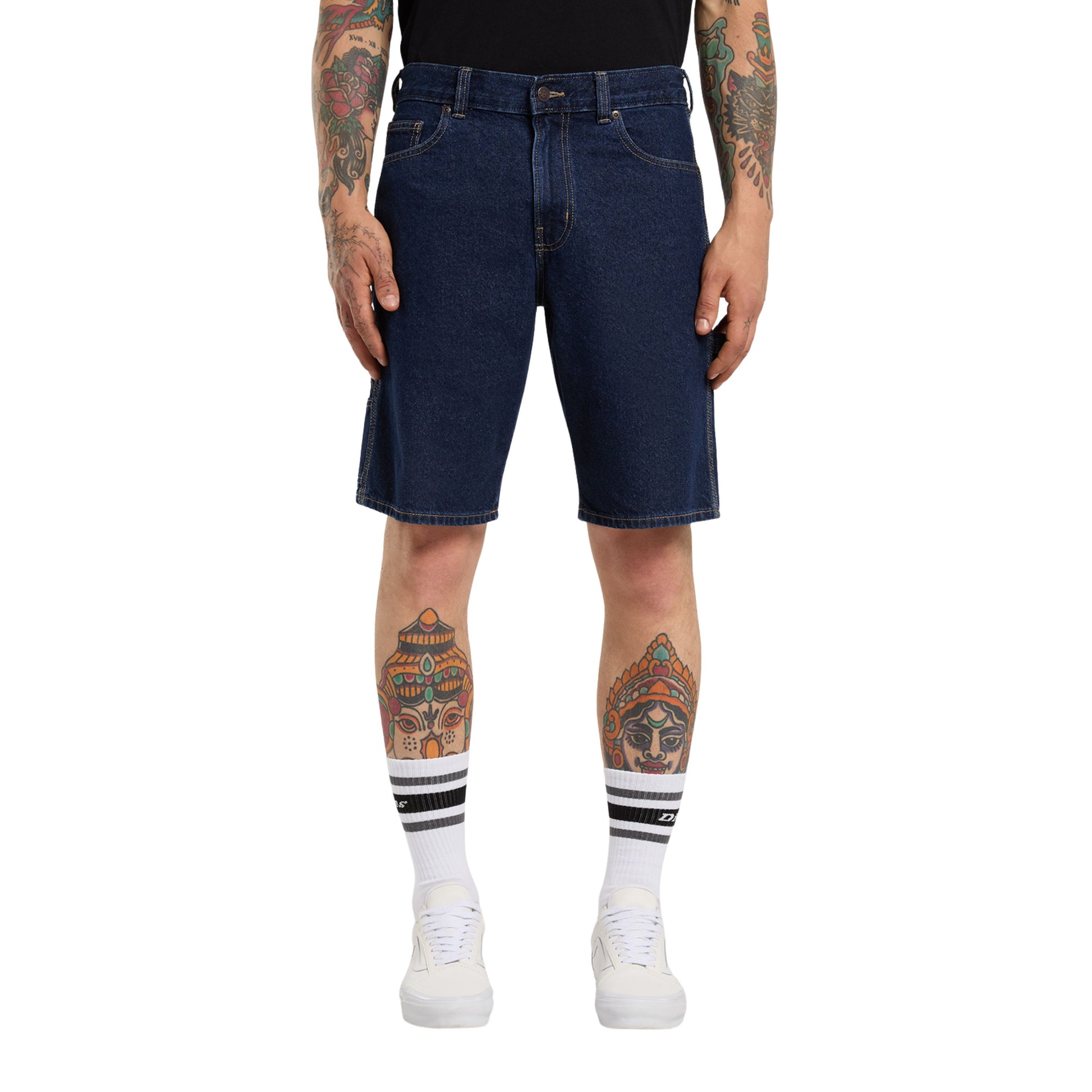 Calções de ganga para homem Dickies 993 11 Inch Carpenter em Dark Indigo. Foto da parte da frente, vestidos.