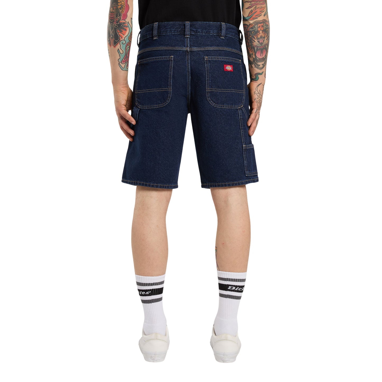 Calções de ganga para homem Dickies 993 11 Inch Carpenter em Dark Indigo. Foto da parte de trás, vestidos.
