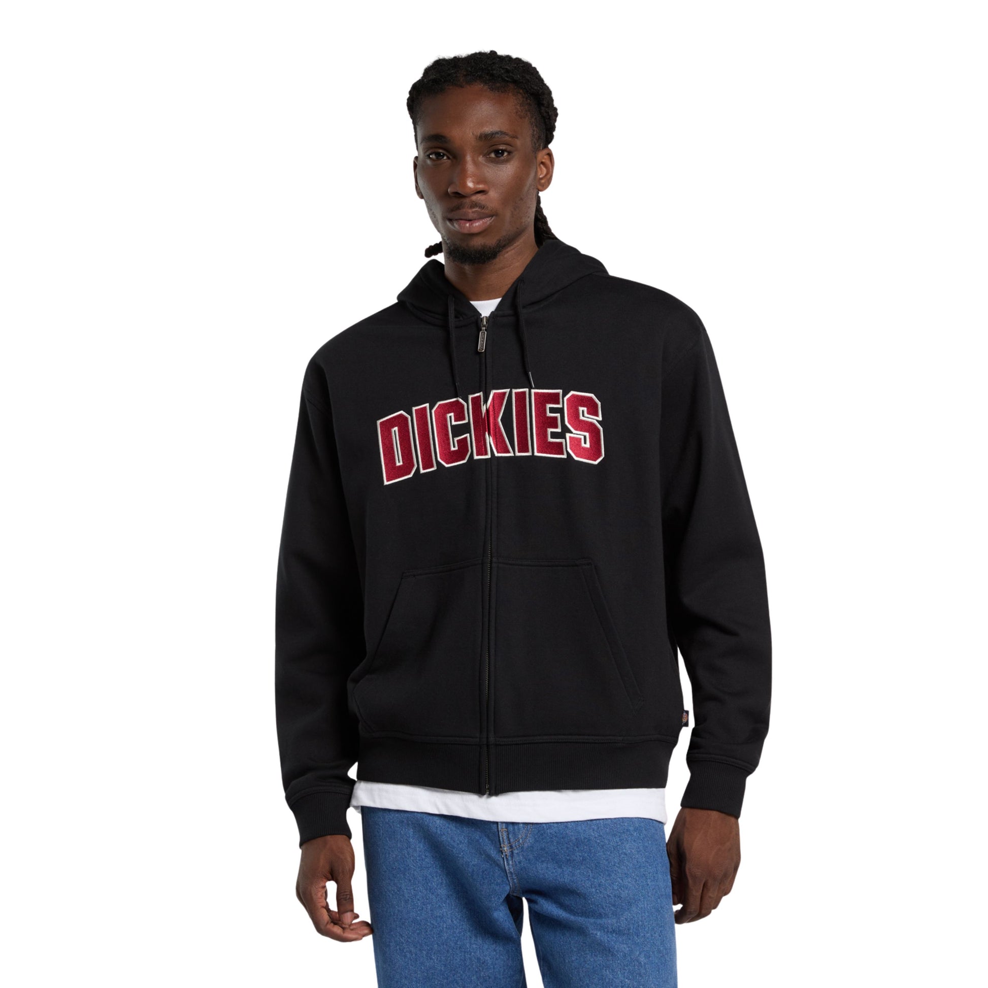 Casaco com carapuço para homem Dickies Aitkin Full Zip em Preto. Foto da parte da frente, vestido.
