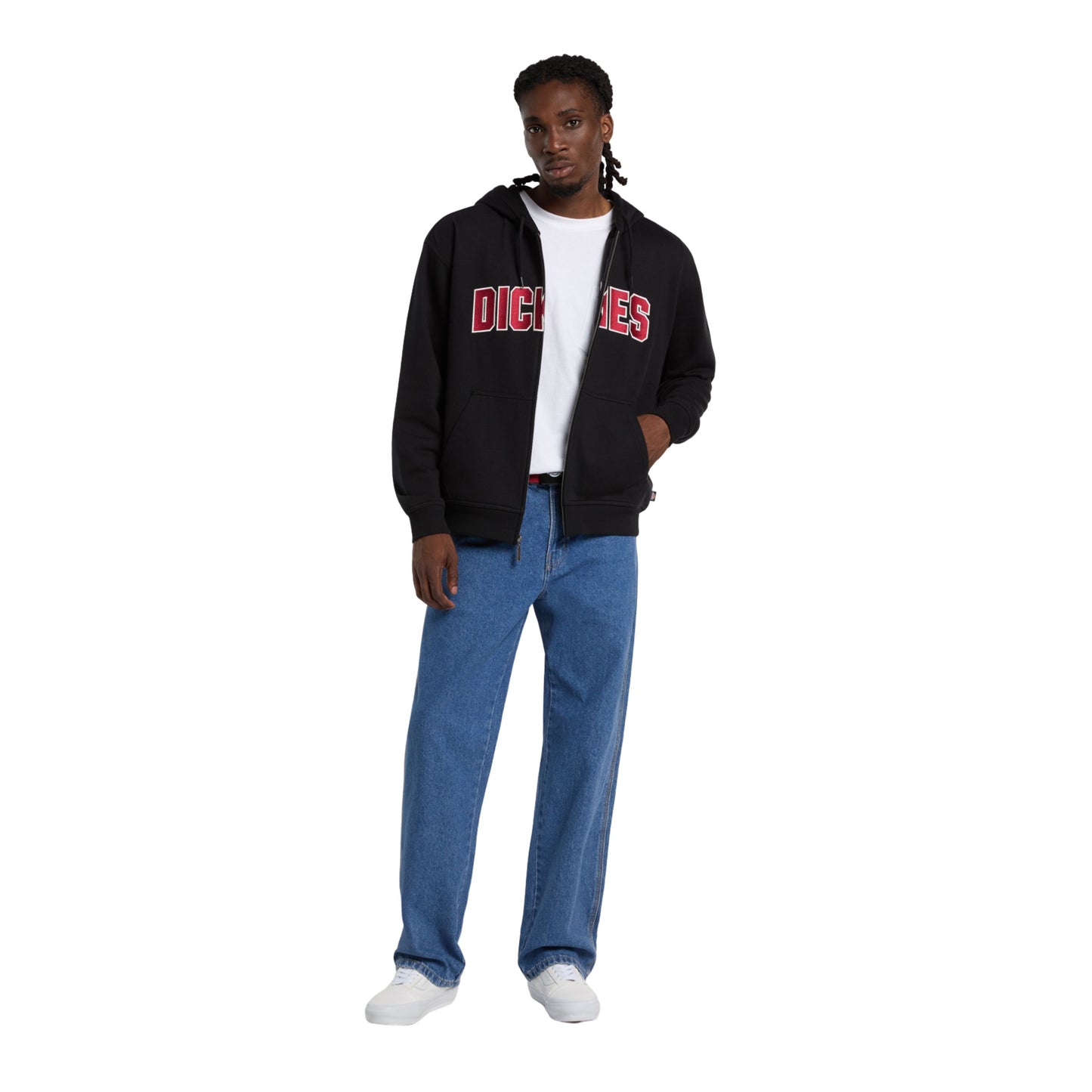 Casaco com carapuço para homem Dickies Aitkin Full Zip em Preto. Foto da parte da frente, vestido.