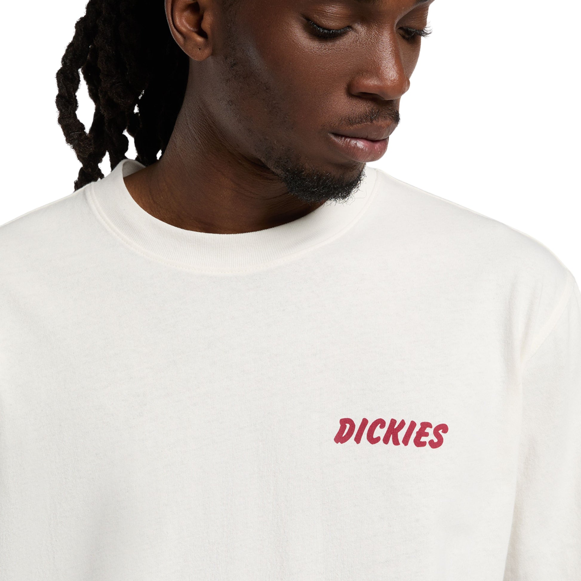 T-Shirt de manga curta para homem Dickies Dry Ridge em Egret. Foto de detalhe da parte da frente, vestida.