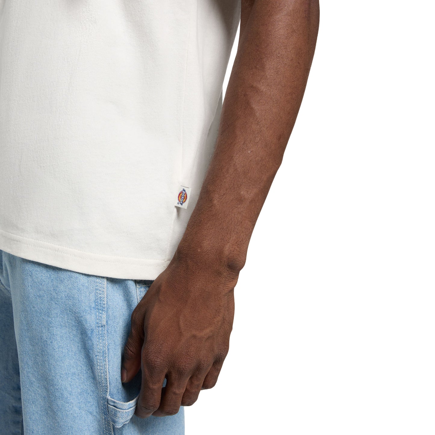 T-Shirt de manga curta para homem Dickies Dry Ridge em Egret. Foto de detalhe da parte da frente, vestida.
