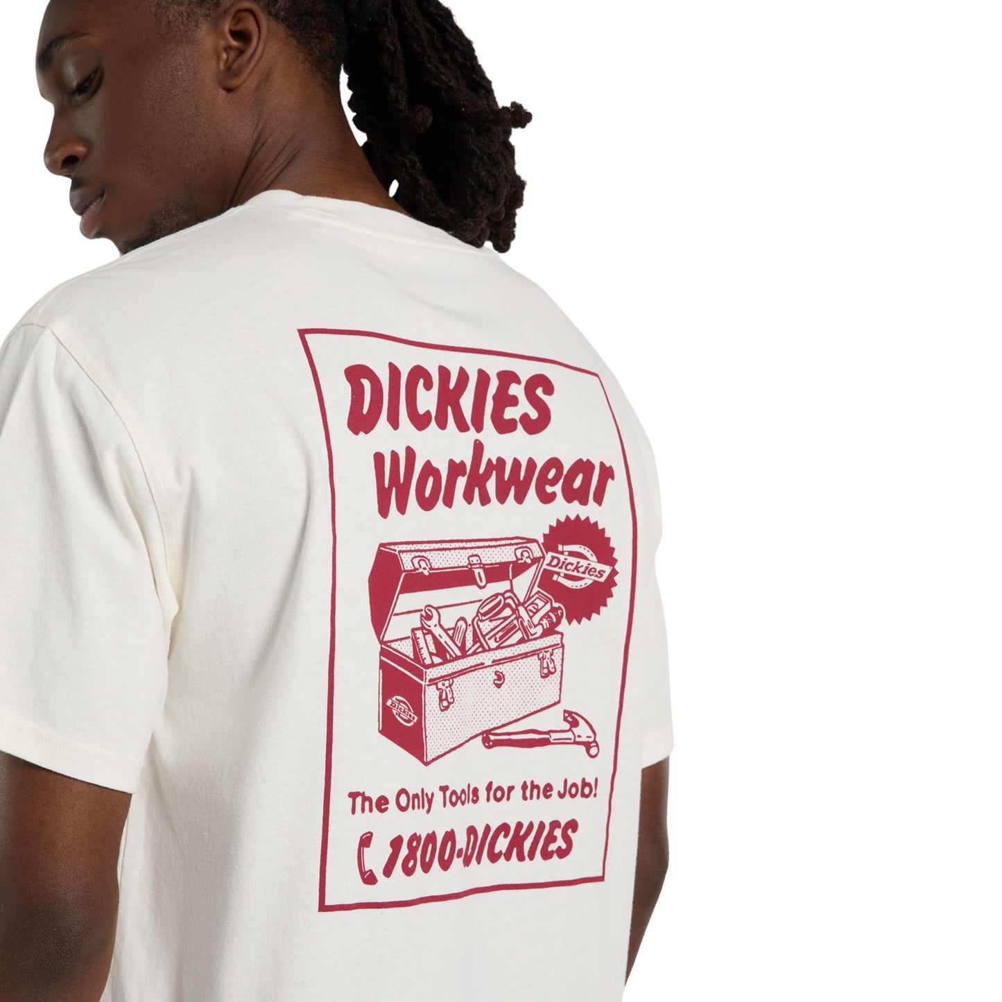 T-Shirt de manga curta para homem Dickies Dry Ridge em Egret. Foto de detalhe da parte de trás, vestida.