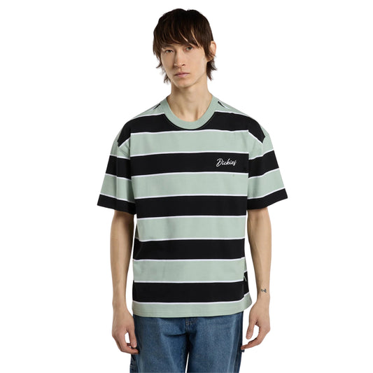 T-shirt de manga curta Dickies Embroidery Stripe em Jadeite — modelo de frente, t-shirt de corte boxy com riscas largas em verde-água e preto, logótipo Dickies bordado a branco no peito esquerdo, jeans azul-médio e fundo branco.