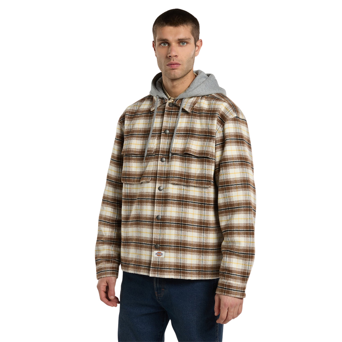 Casaco Dickies Eustis em Egret, vista frontal em plano médio, com o padrão xadrez e os bolsos no peito visíveis.