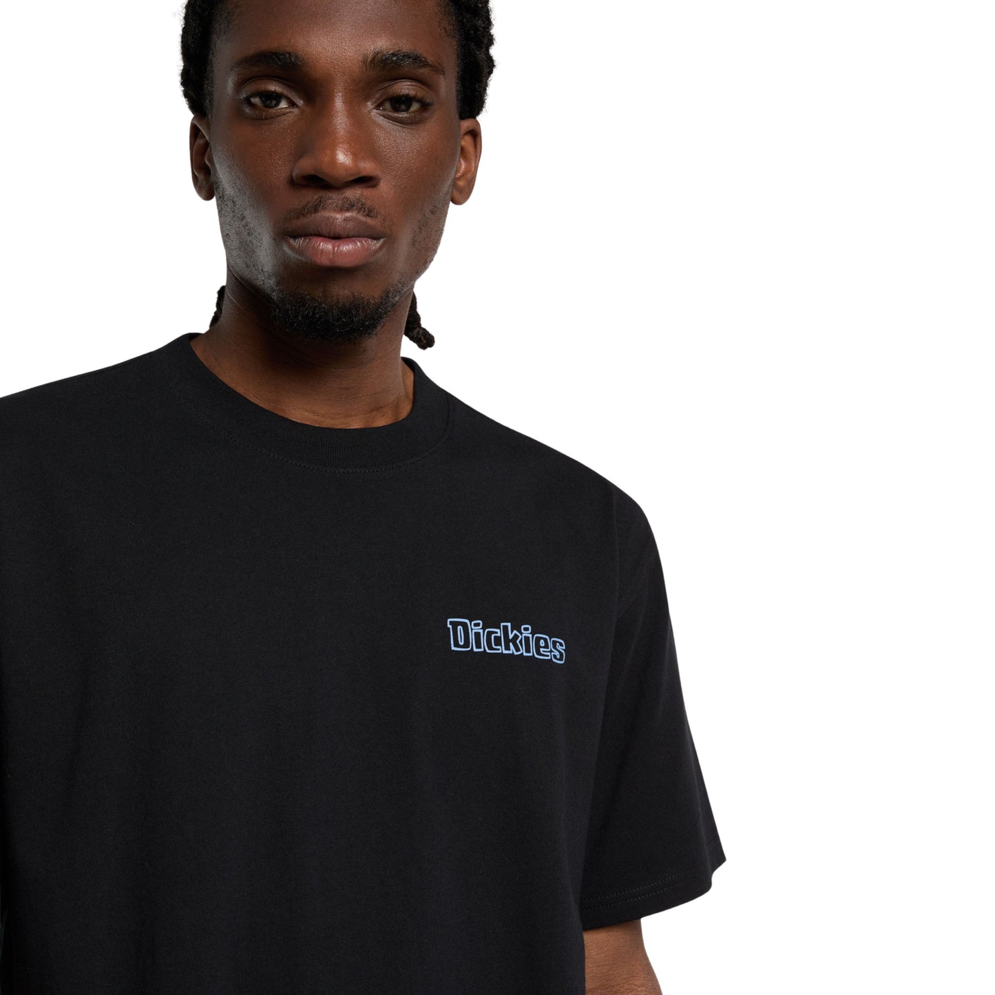 T-Shirt de manga curta para homem Dickies Fairlawn em Preto. Foto de detalhe da parte da frente, vestida.