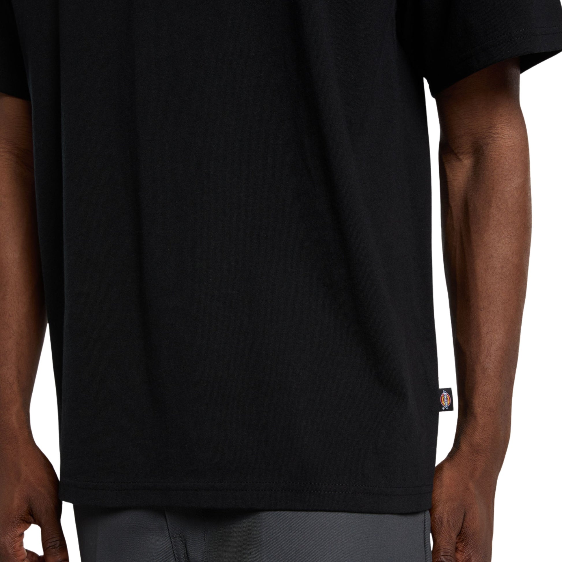 T-Shirt de manga curta para homem Dickies Fairlawn em Preto. Foto de detalhe da parte da frente, vestida.