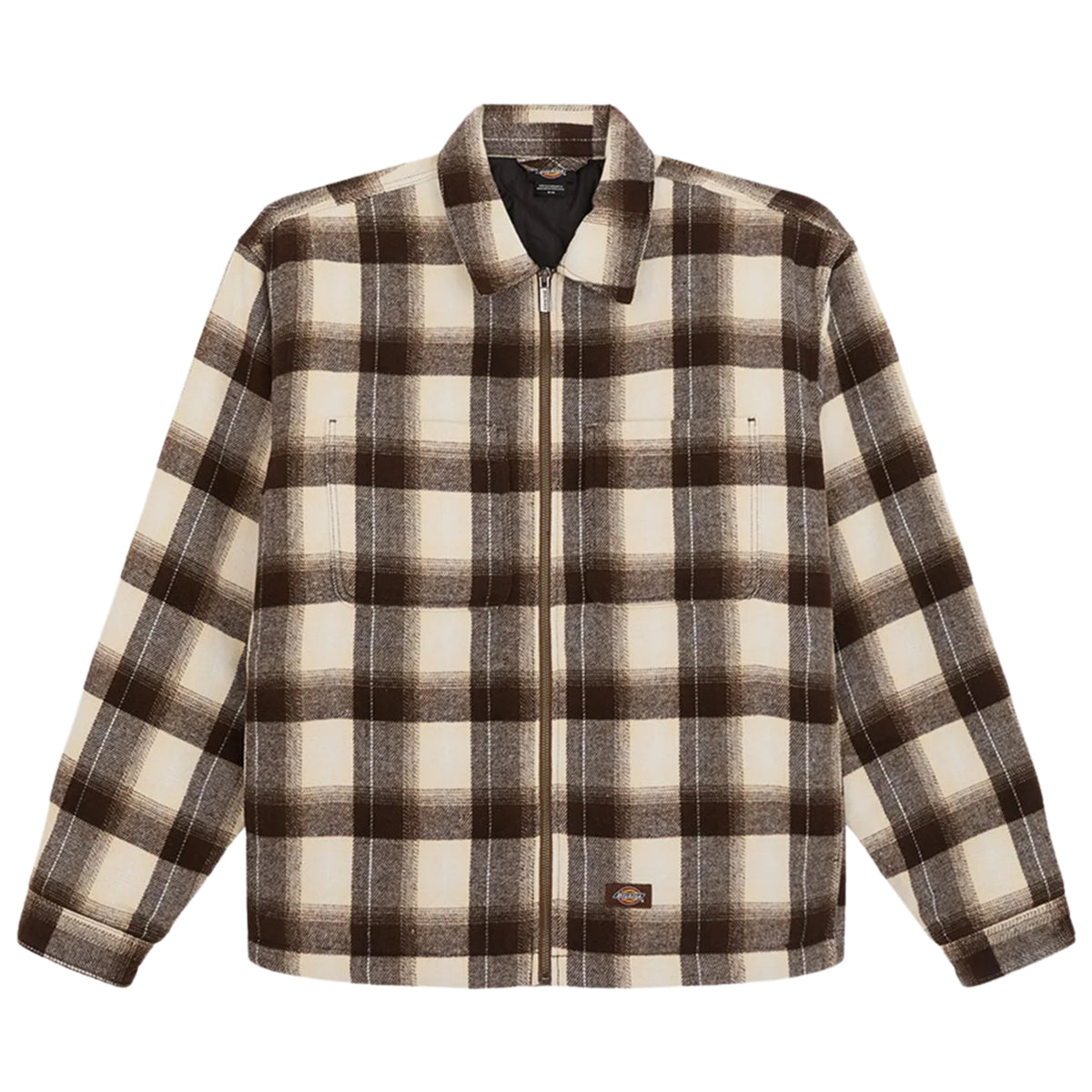 Vista frontal da sobrecamisa Dickies Florence Timber Brown, sem modelo, com fecho completo e dois bolsos no peito.