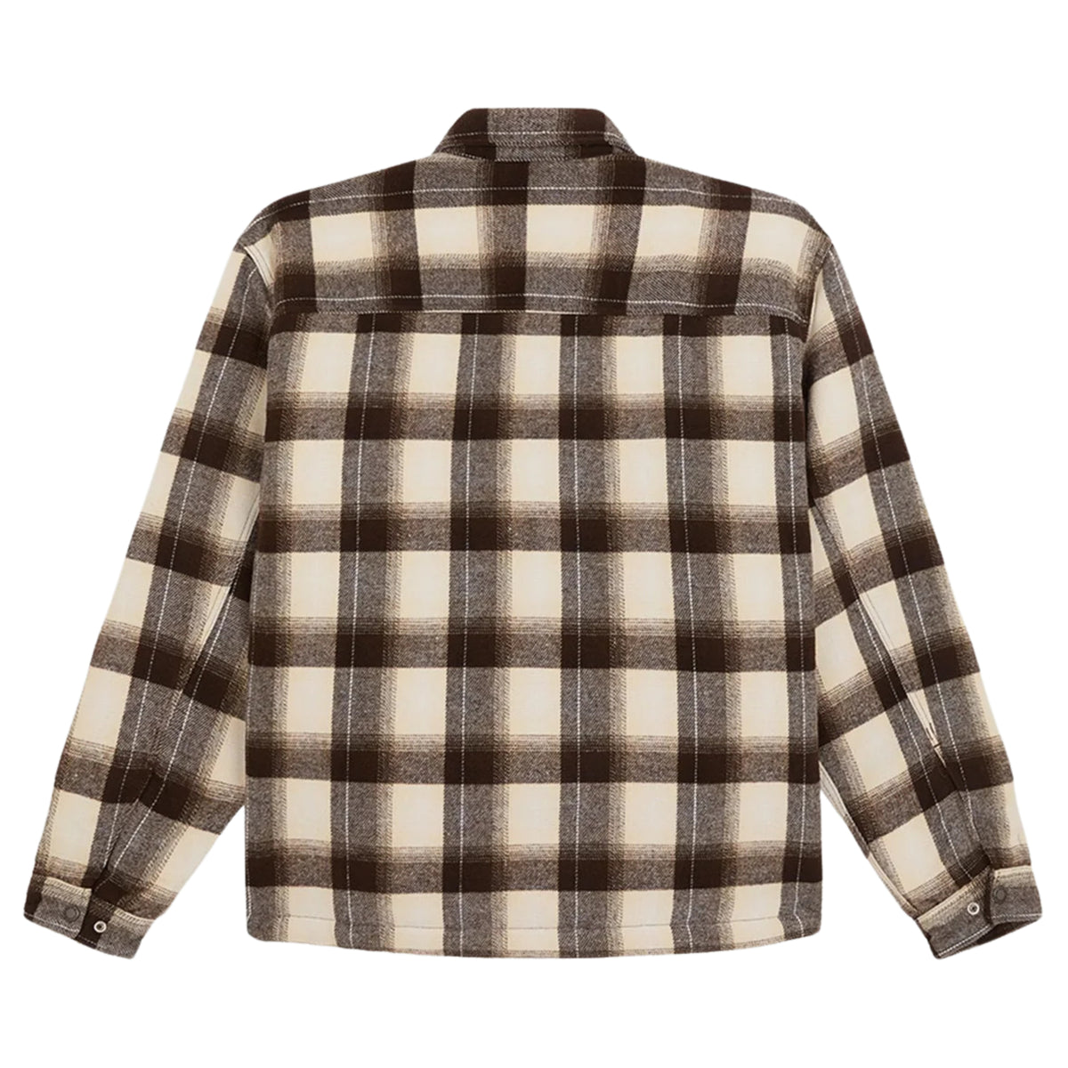 Vista traseira da sobrecamisa Dickies Florence Timber Brown, sem modelo, com padrão aos quadrados e costura horizontal nos ombros.