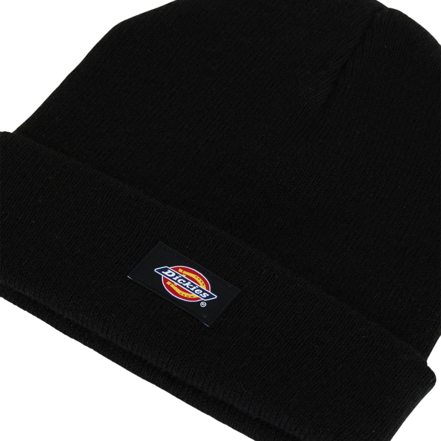 Gorro unissexo Dickies Gibsland em Preto. Foto de detalhe do logotipo.