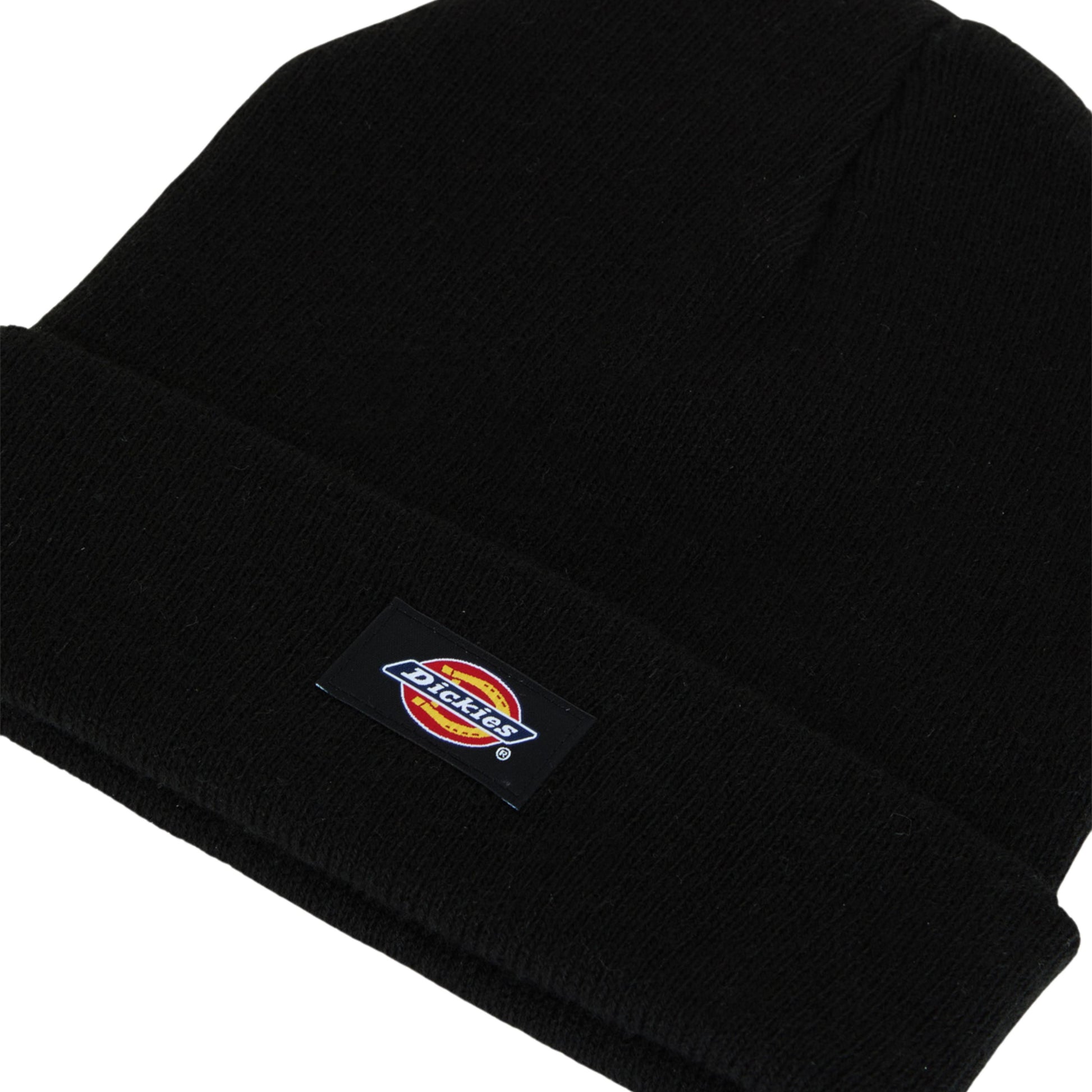 Gorro unissexo Dickies Gibsland em Preto. Foto de detalhe do logotipo.