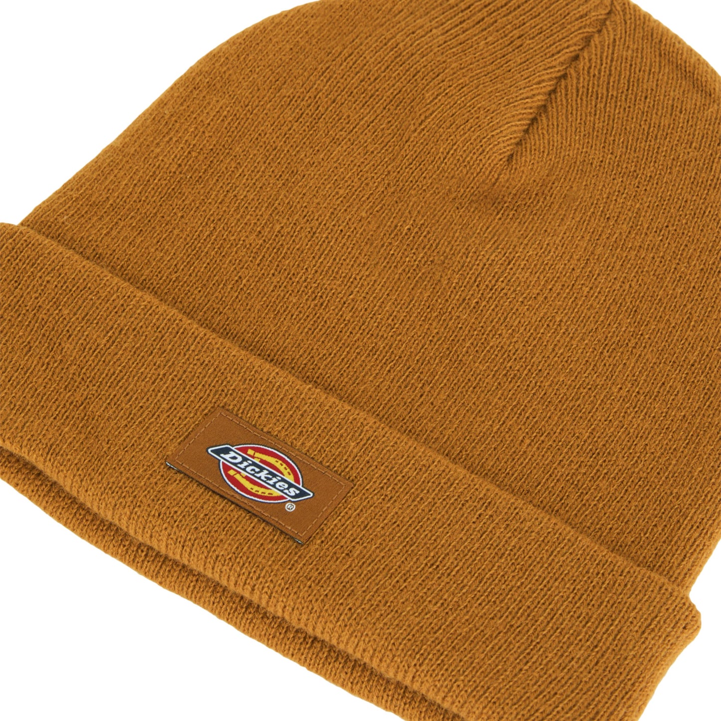 Gorro unissexo Dickies Gibsland em Castanho Duck. Foto de detalhe do logotipo.