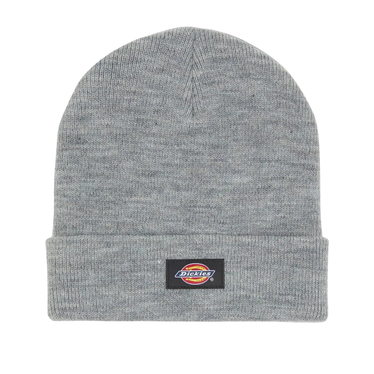 Vista frontal do gorro Dickies Gibsland Grey Melange, com dobra e etiqueta retangular preta.