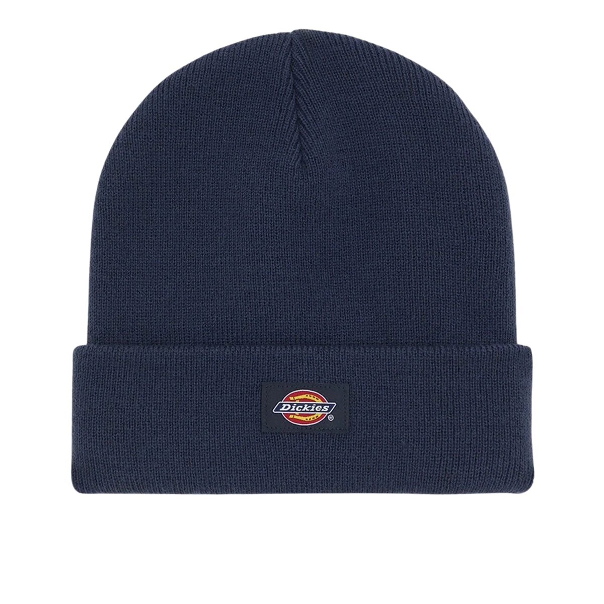 Vista frontal do gorro Dickies Gibsland Navy Blue, com dobra e etiqueta retangular com logótipo.