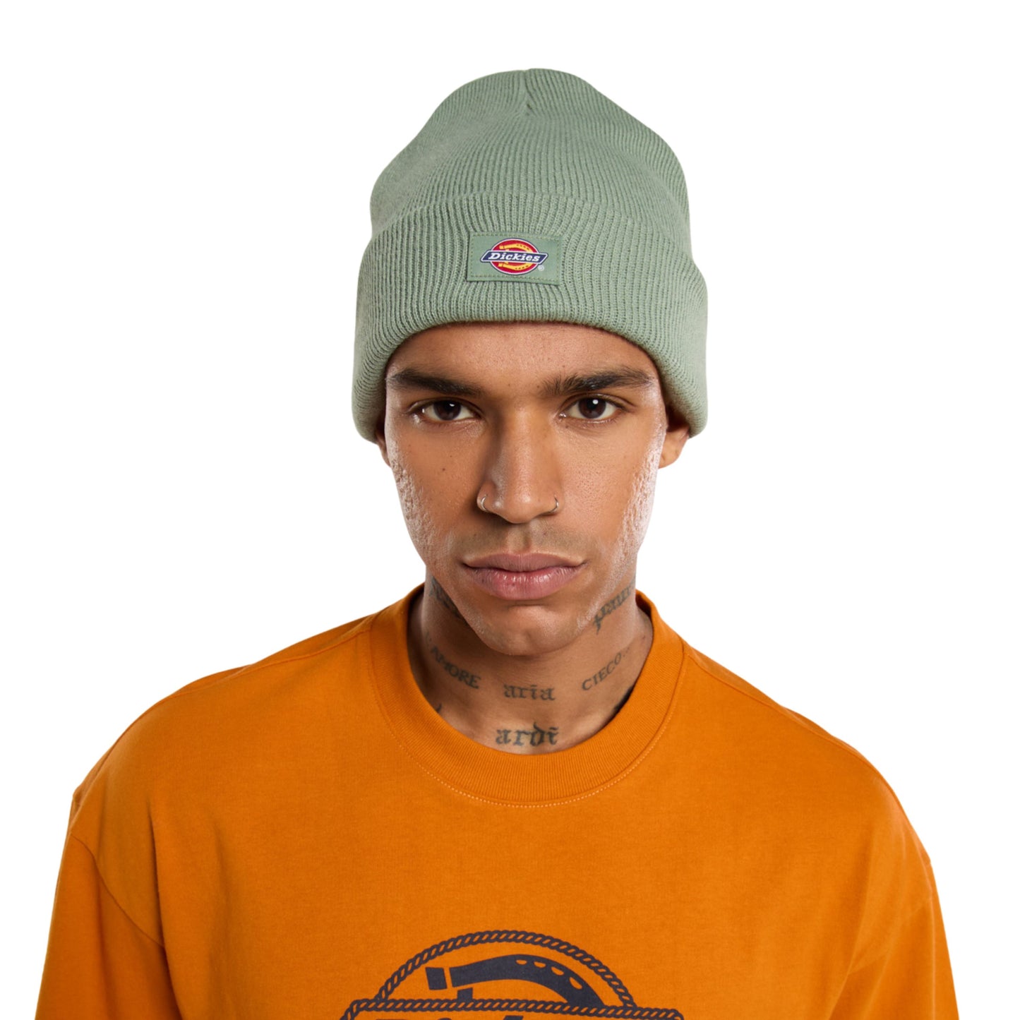 Gorro unissexo Dickies Gibsland em Sea Spray. Foto do gorro na cabeça de um modelo.