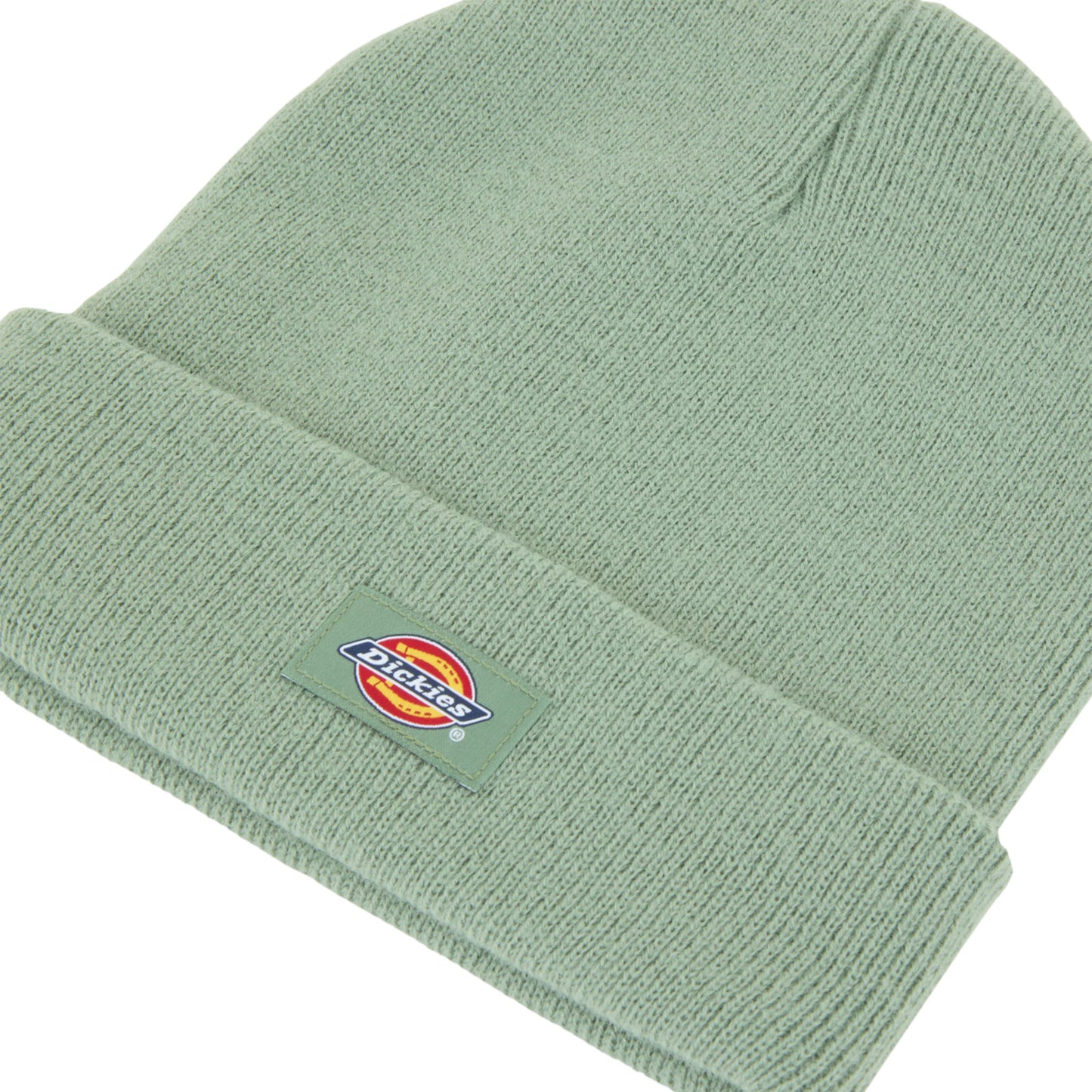 Gorro unissexo Dickies Gibsland em Sea Spray. Foto de detalhes do logotipo.