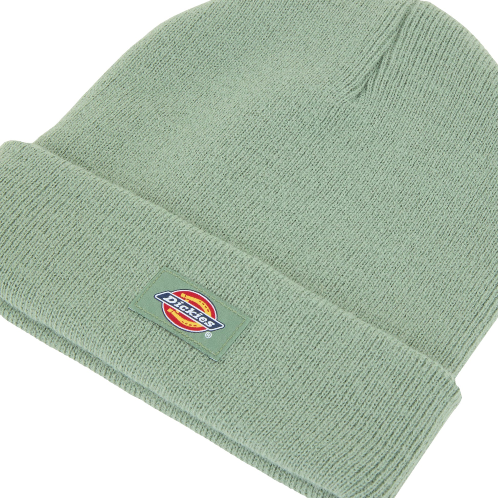 Gorro unissexo Dickies Gibsland em Sea Spray. Foto de detalhes do logotipo.