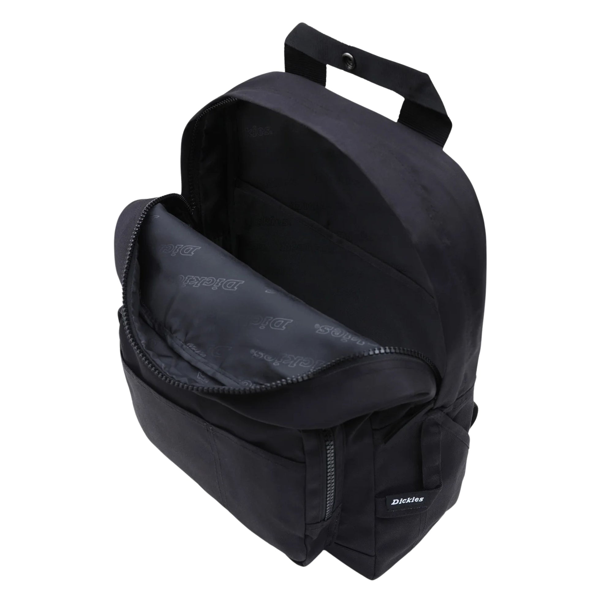 Mochila unissexo Dickies Lisbon em Preto. Foto da parte da frente, aberta.