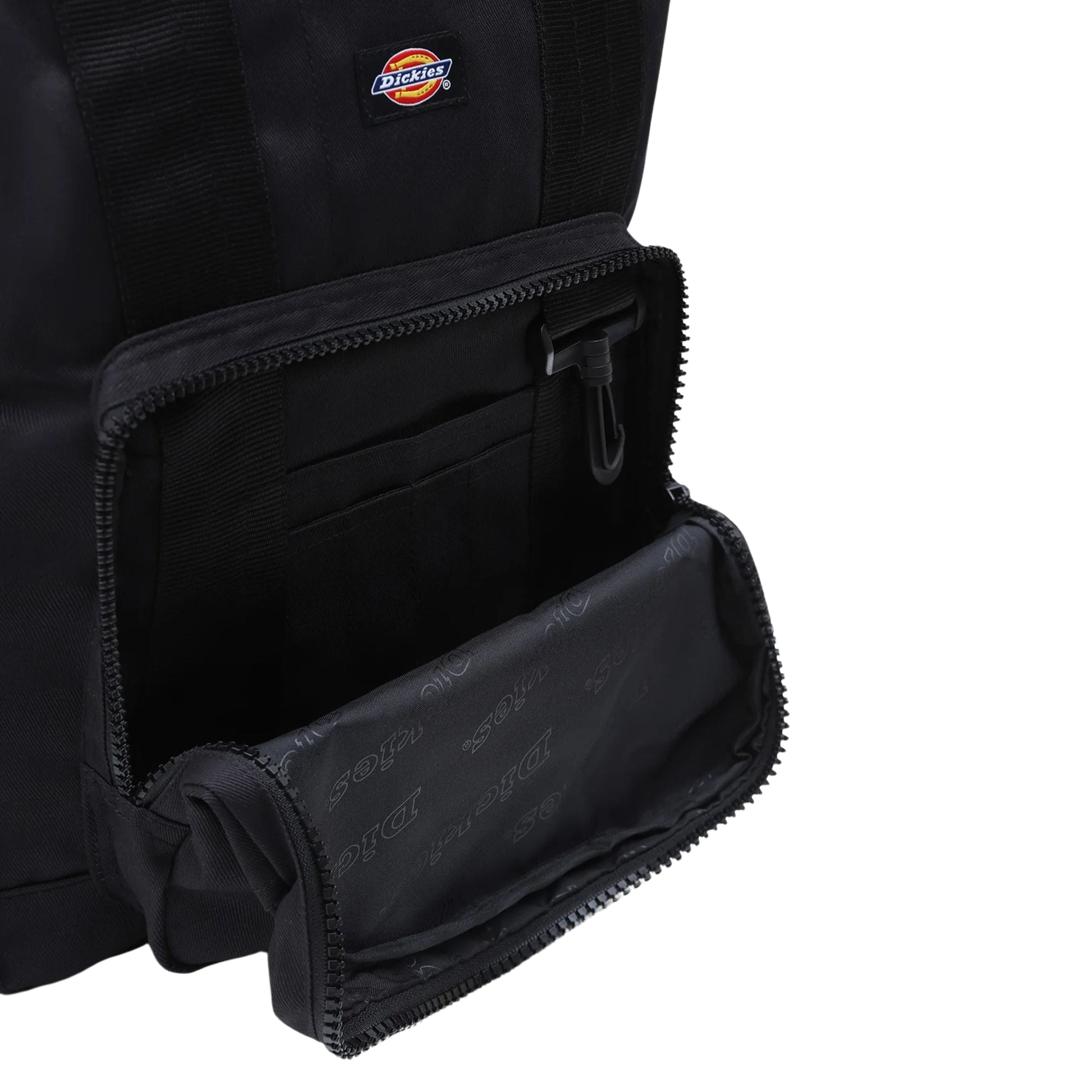 Mochila unissexo Dickies Lisbon em Preto. Foto da bolsa de frente, aberta.