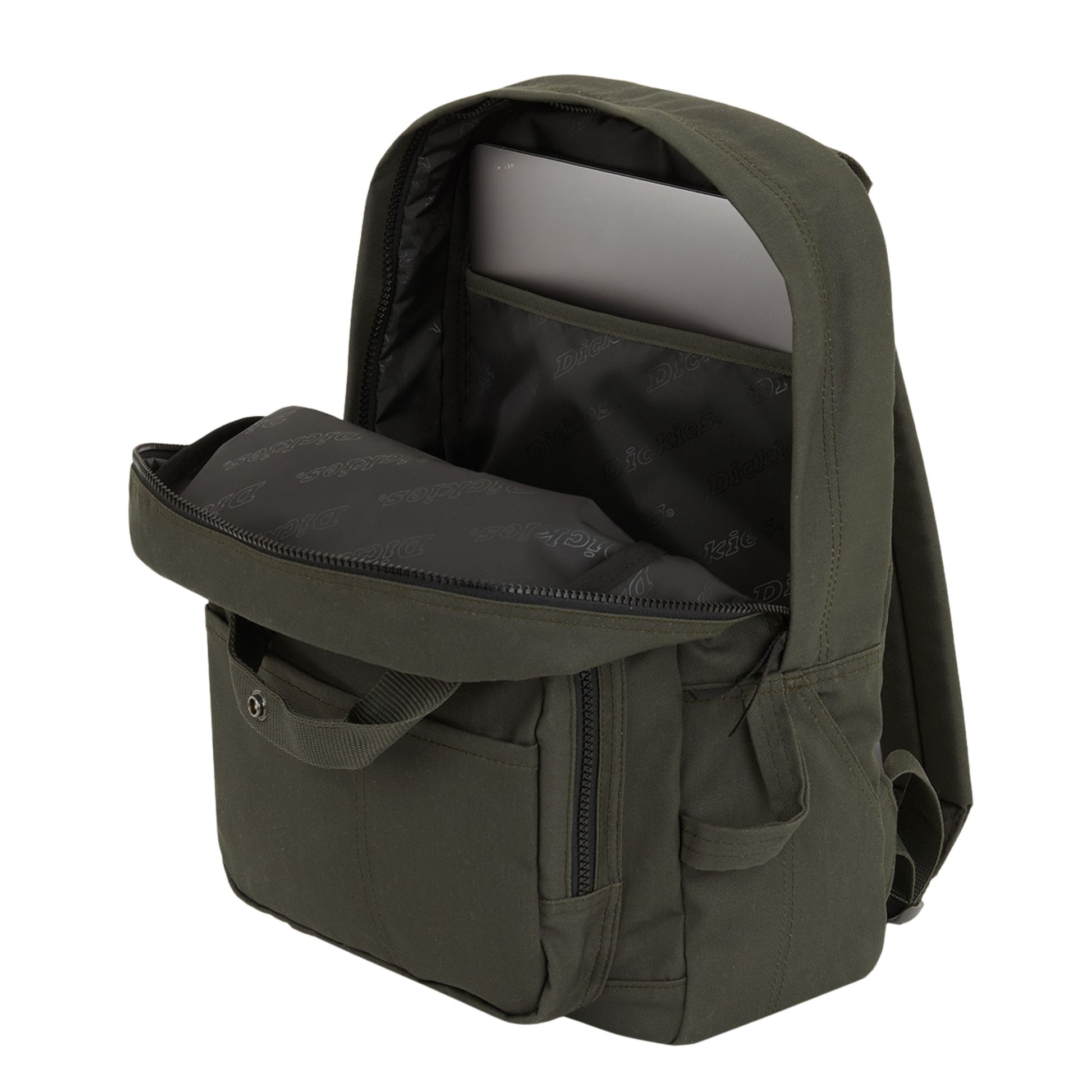 Mochila unissexo Dickies Lisbon em Olive. Foto da parte da frente, aberta.