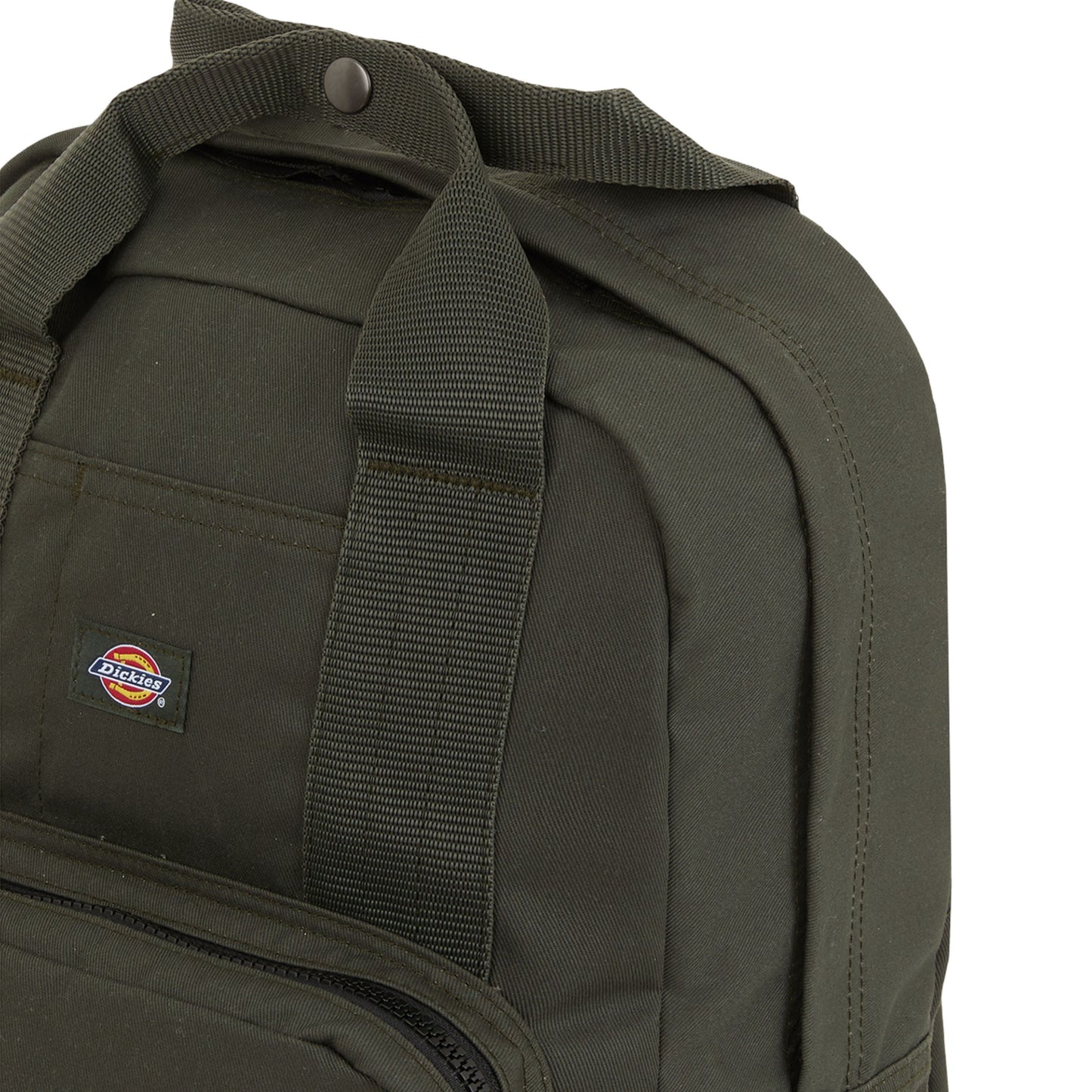 Mochila unissexo Dickies Lisbon em Olive. Foto de detalhe da parte da frente.