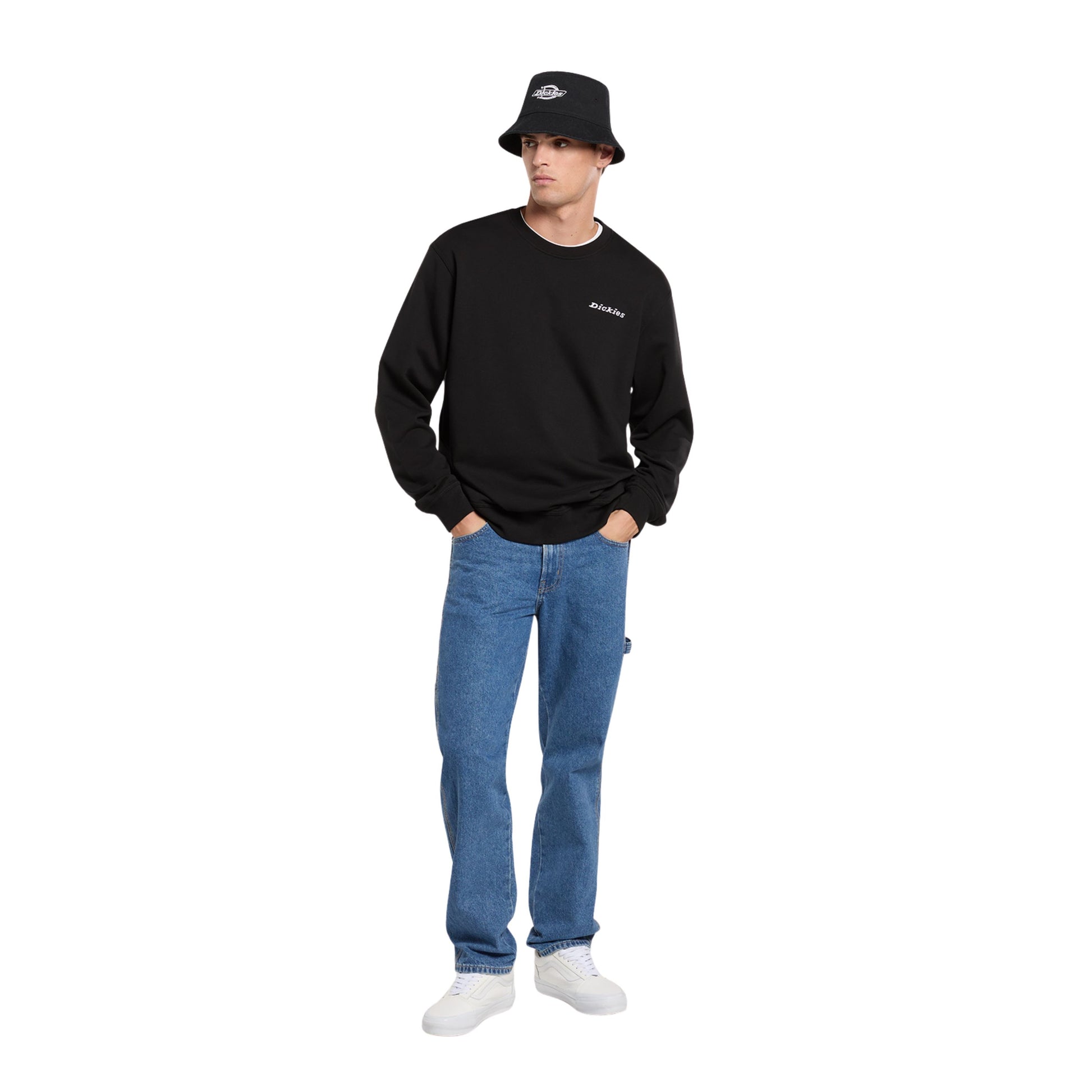 Sweat para homem Dickies Loretto Crew em Preto. Foto da parte da frente, vestida.