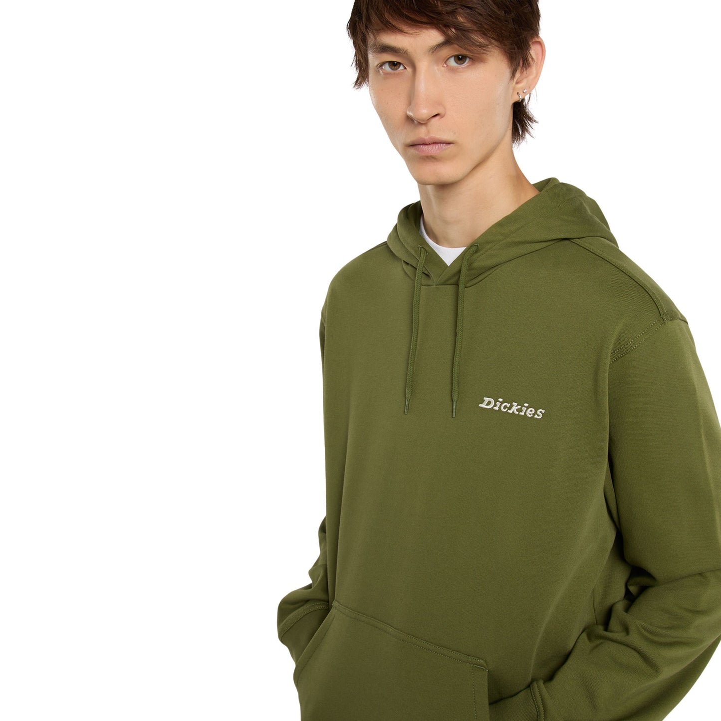 Sweat com carapuço para homem Dickies Loretto em Cypress. Foto de detalhe da parte da frente, vestida.