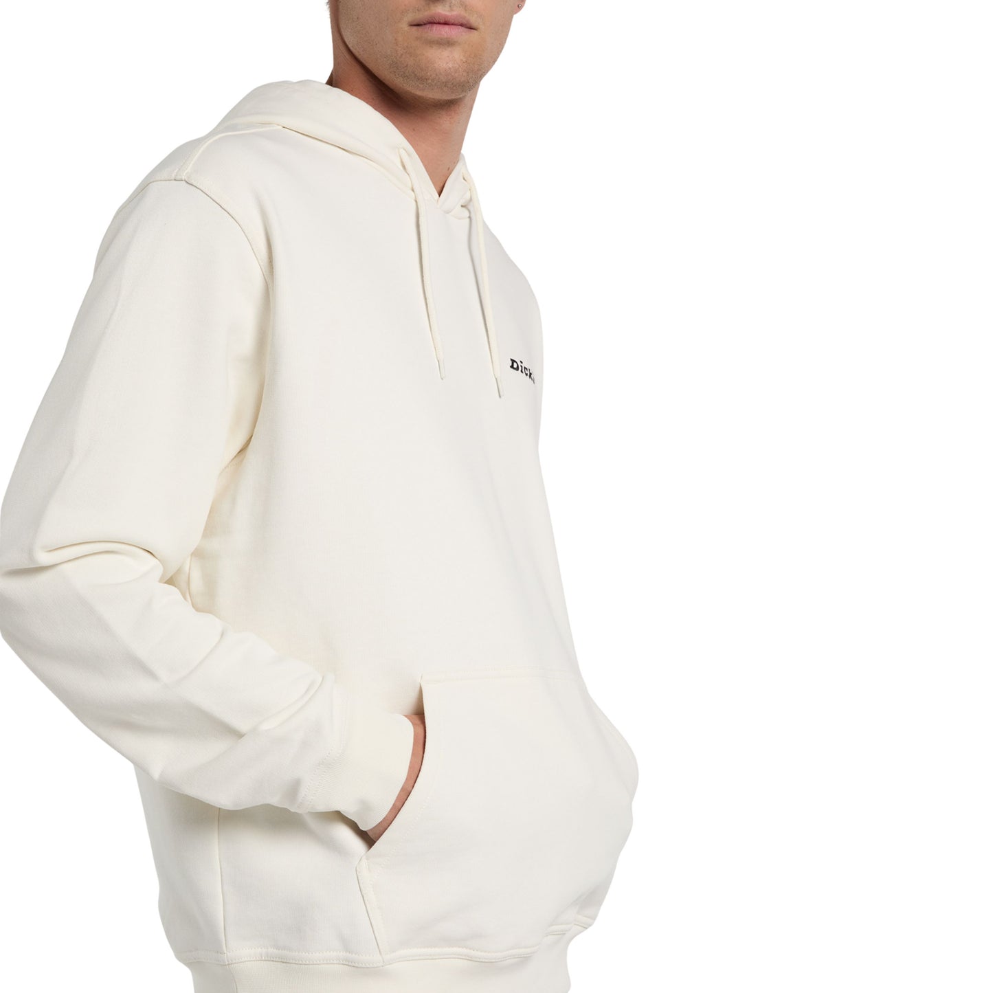 Sweat com carapuço para homem Dickies Loretto em Ecru. Foto de detalhe da parte da frente, vestida.