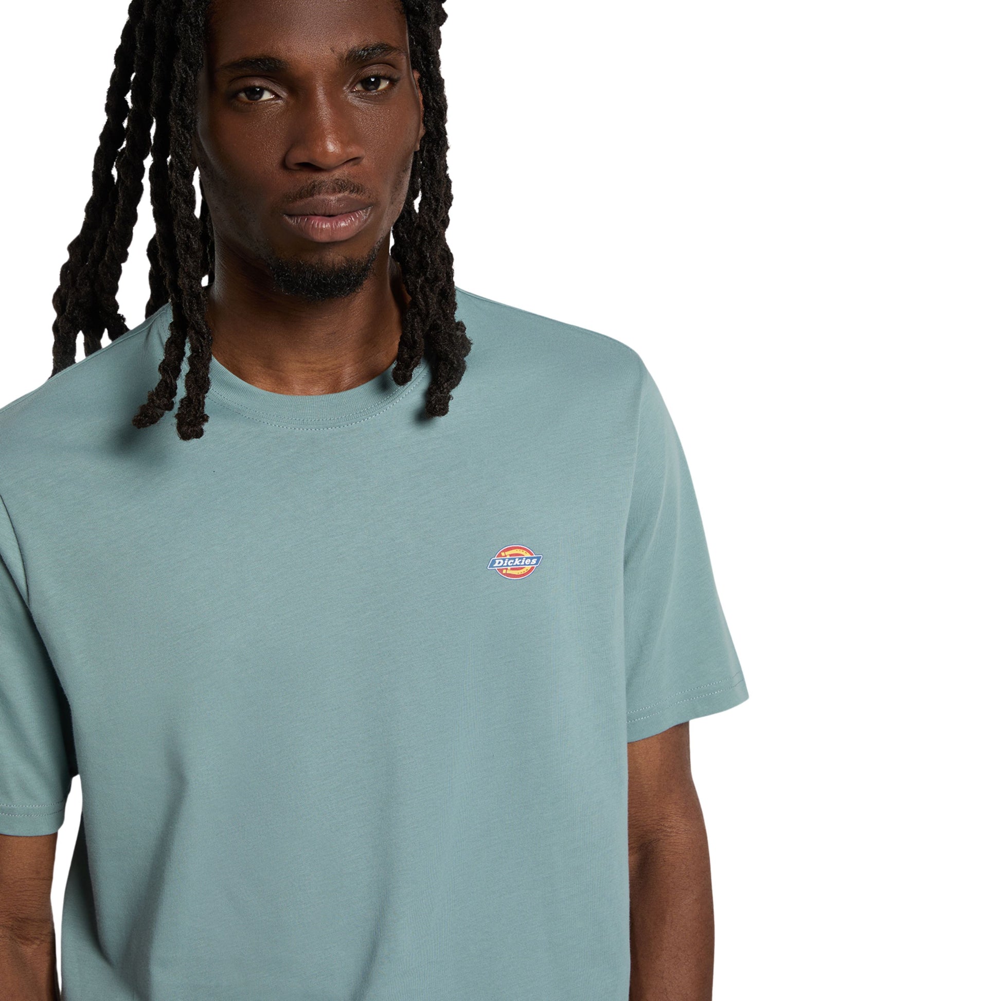 T-Shirt de manga curta para homem Dickies Mapleton em Stormy Sea. Foto de detalhe da parte da frente, vestida.