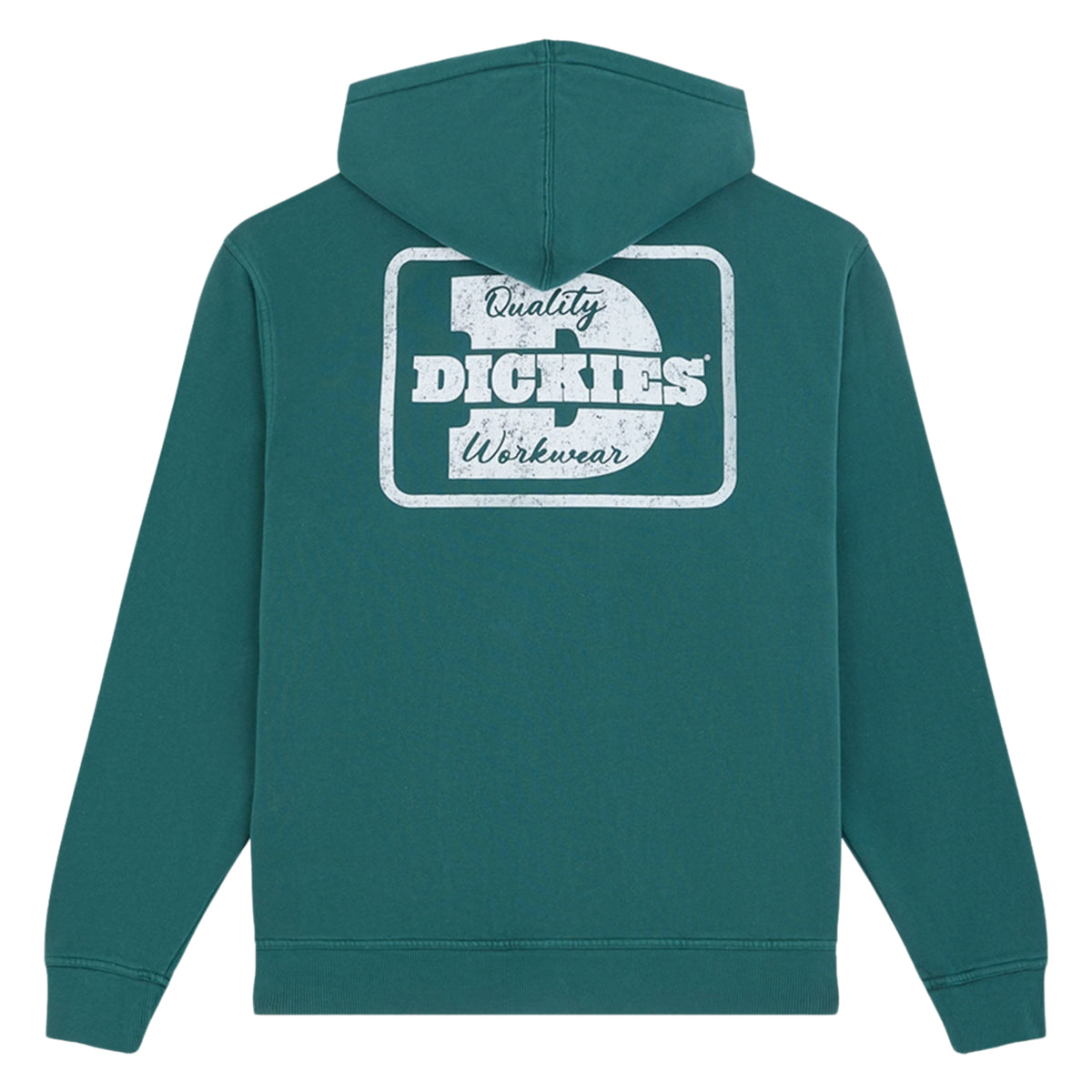 Sweat Dickies Minden em Verde Escuro, peça disposta de costas sobre fundo branco, com carapuço descido, grande estampado Dickies Quality Workwear e punhos e bainha canelados.