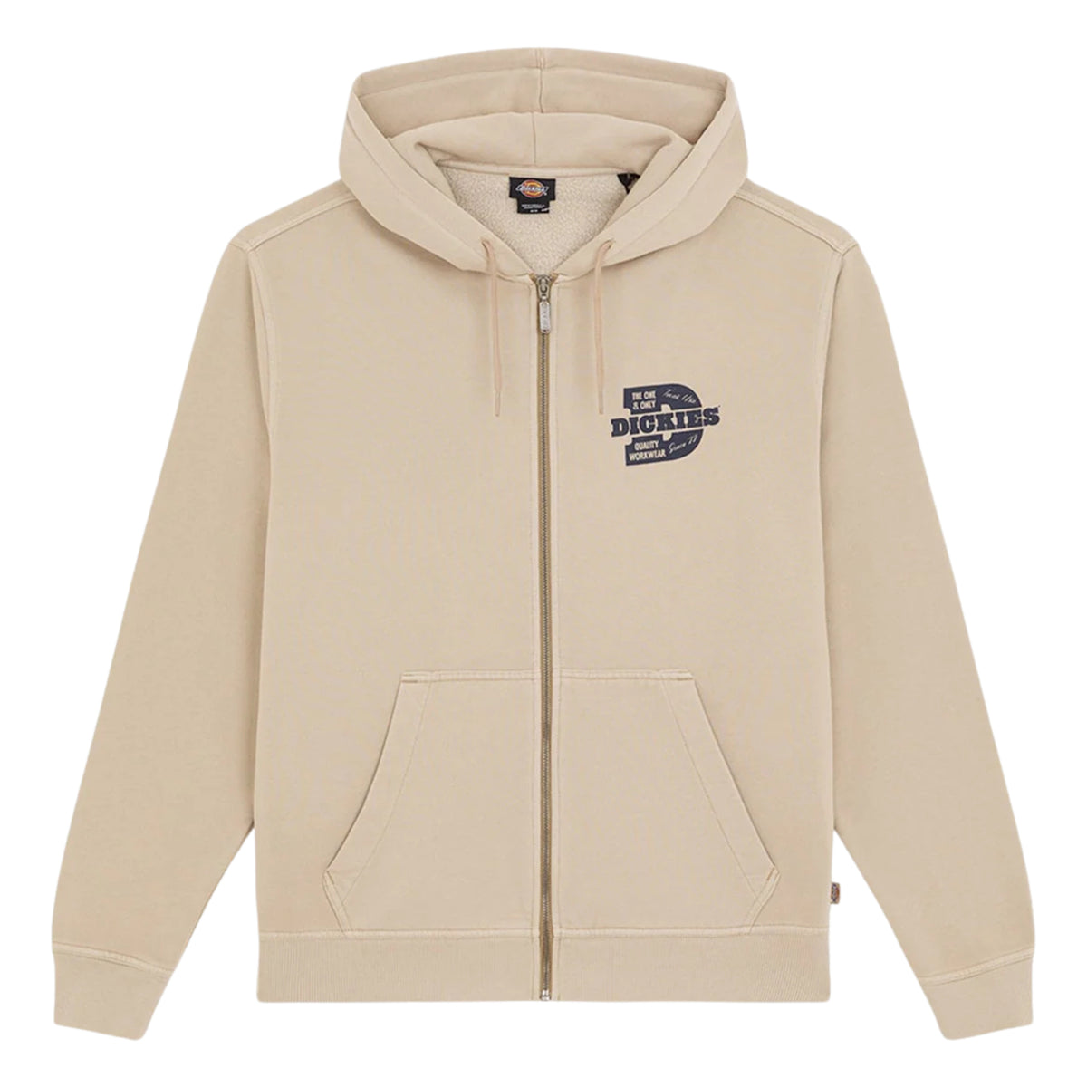Vista frontal da sweat Dickies Minden Desert Sand, sem modelo, com capuz ajustável, fecho completo e bolsos.