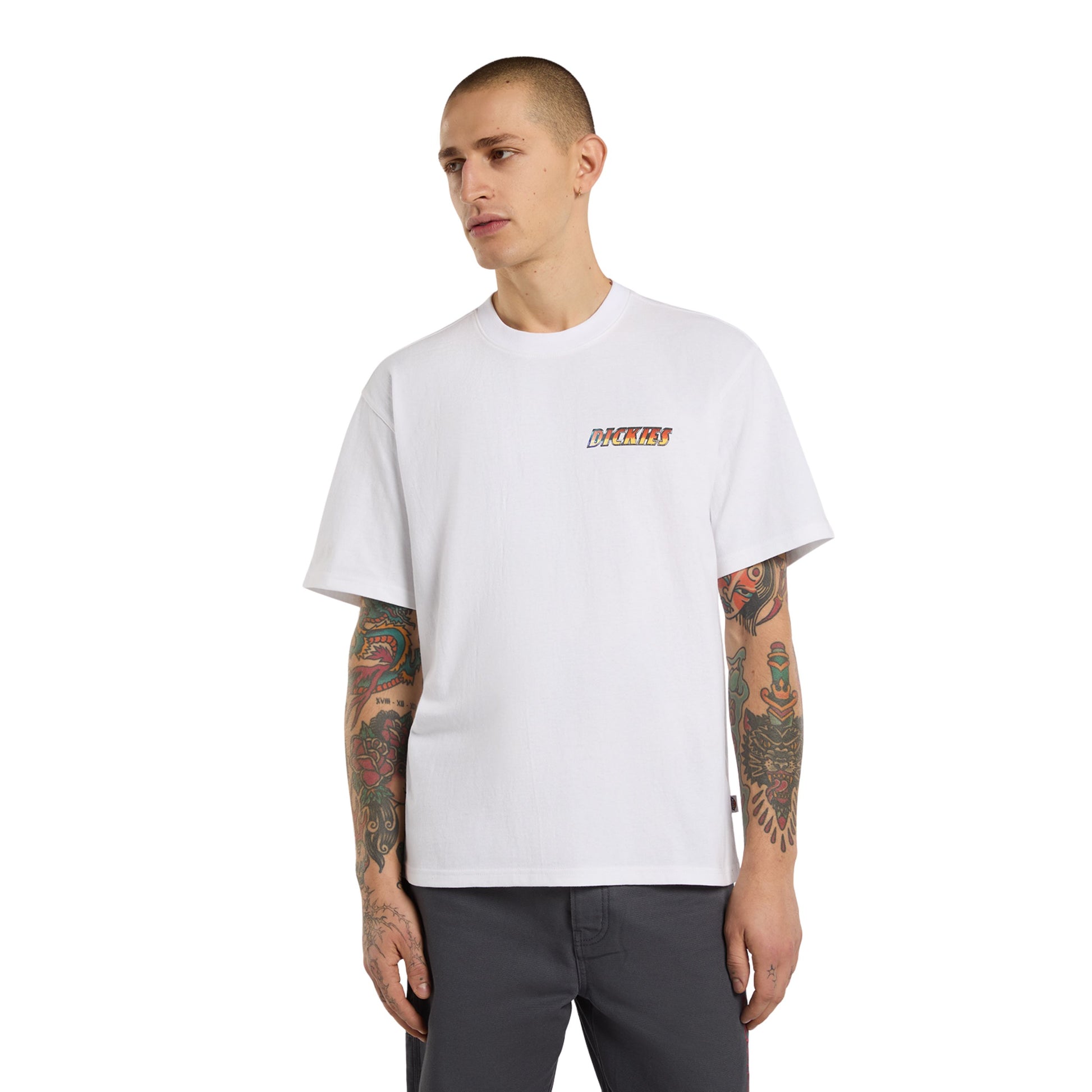 T-Shirt de manga curta para homem Dickies Nashport Pit Crew em Branco. Foto da parte da frente, vestida.