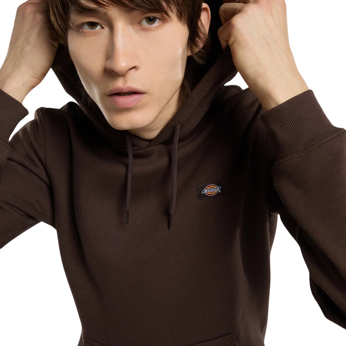 Sweat com carapuço Dickies Oakport em Chocolate Brown — close-up do peito com patch bordada Dickies e cordão duplo da carapuço.
