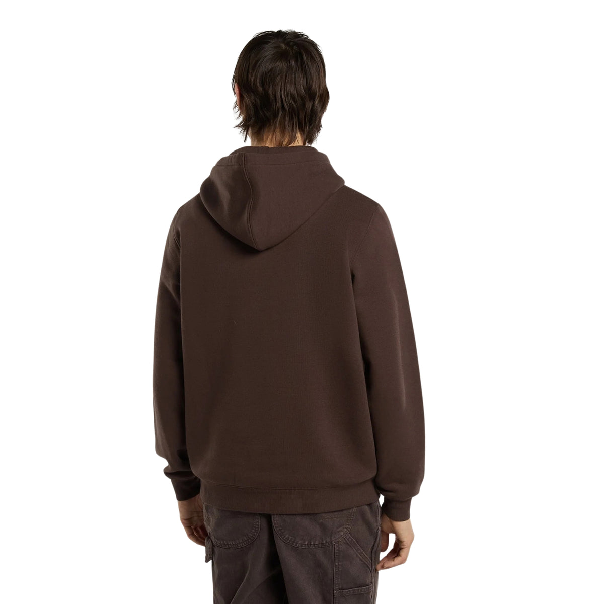 Sweat com carapuço Dickies Oakport em Chocolate Brown — vista de costas em plano médio, corte relaxado.
