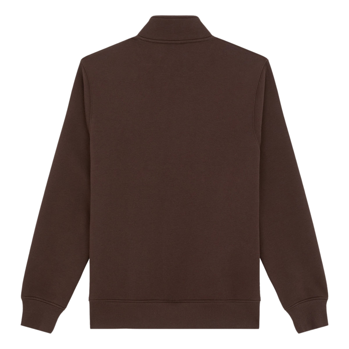 Sweat Dickies Oakport Quarter Zip em Chocolate Brown, peça disposta de costas sobre fundo branco, mostrando a gola alta, as costas sem estampado e os punhos e bainha canelados.