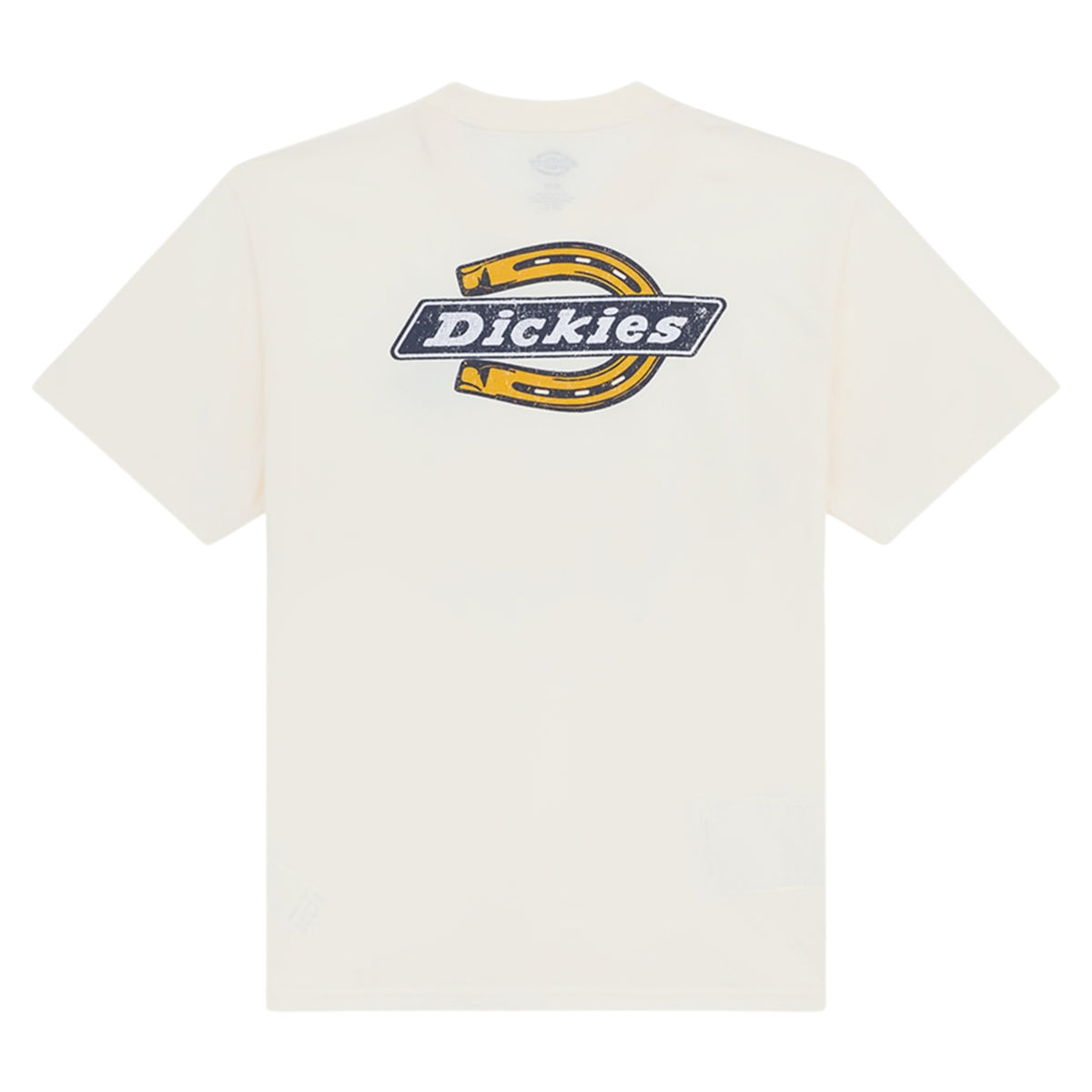 T-shirt de manga curta Dickies Paradise em Egret, peça disposta de costas sobre fundo branco, mostrando o grande logótipo em ferradura amarelo e preto e a bainha direita.