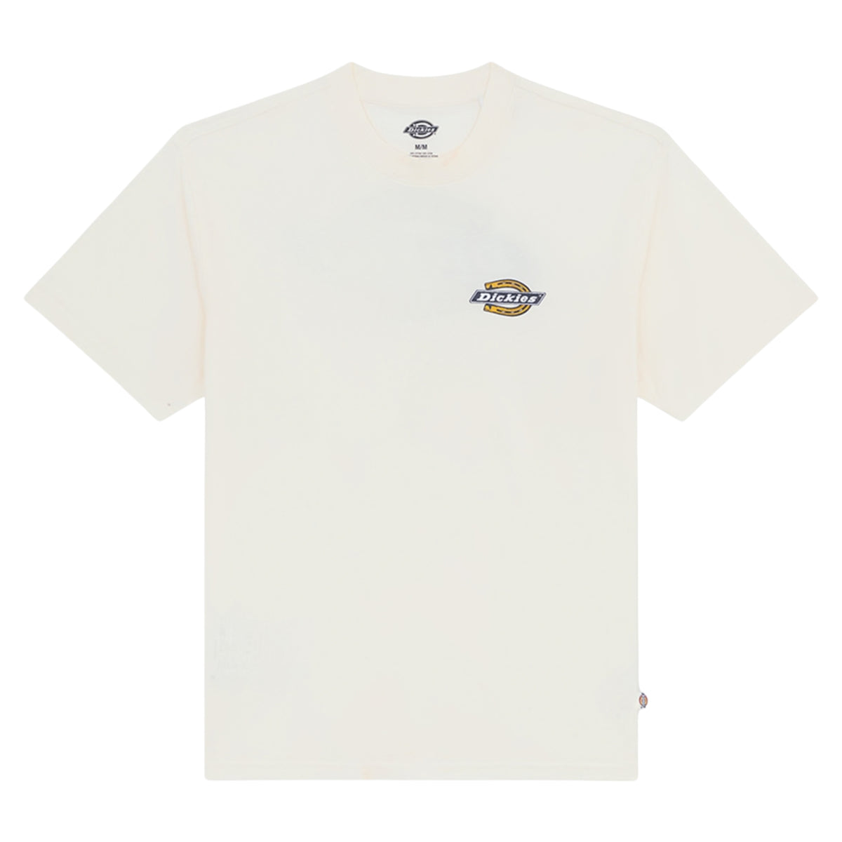 T-shirt de manga curta Dickies Paradise em Egret, peça disposta de frente sobre fundo branco, com gola redonda, pequeno logótipo no peito esquerdo e etiqueta na costura lateral.