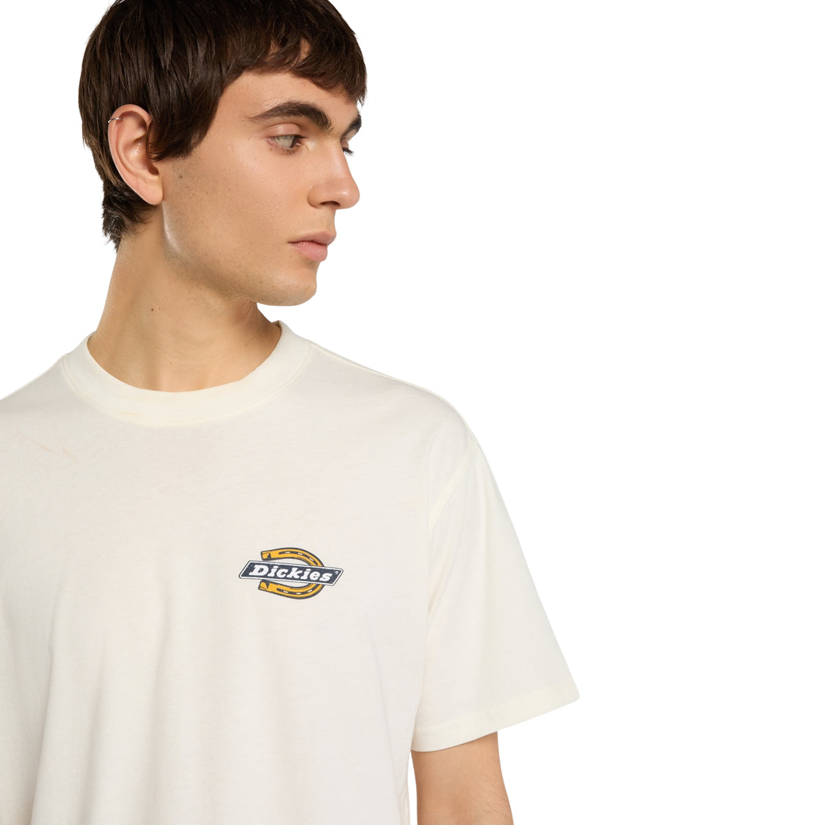 T-shirt de manga curta Dickies Paradise em Egret, close-up no modelo da gola redonda canelada e do pequeno logótipo em ferradura amarelo e preto no peito esquerdo.
