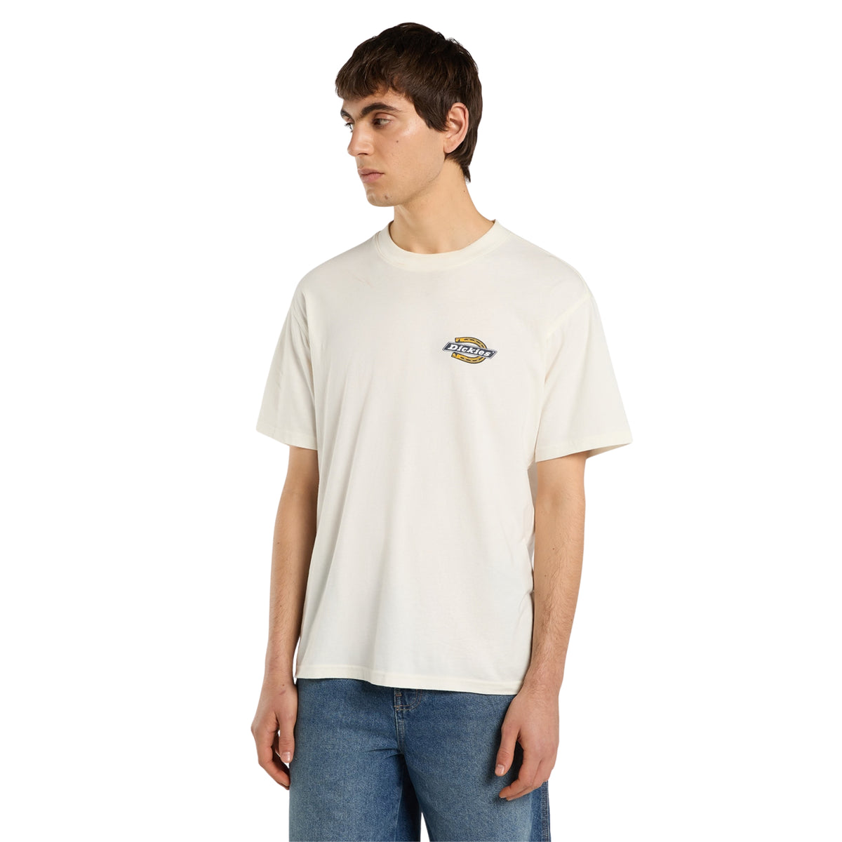 T-shirt de manga curta Dickies Paradise em Egret, vista frontal em plano médio no modelo, mostrando o corte descontraído, a gola redonda e o pequeno logótipo no peito esquerdo.
