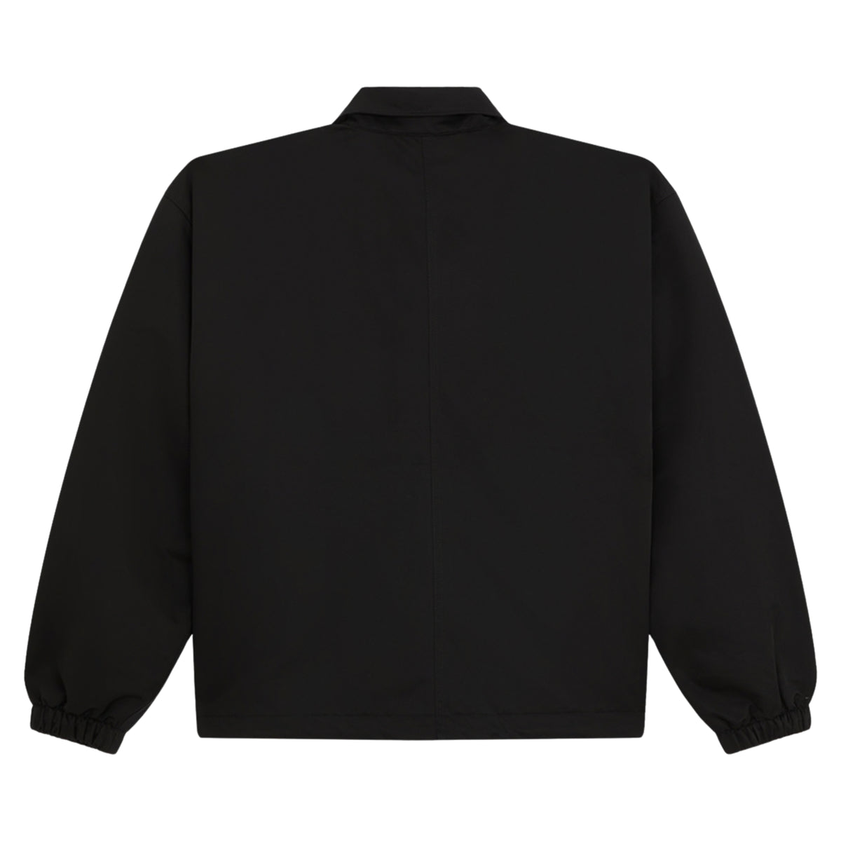 Casaco coach Dickies Parks em Preto, peça disposta de costas sobre fundo branco, com costas lisas, bainha direita e punhos elásticos.