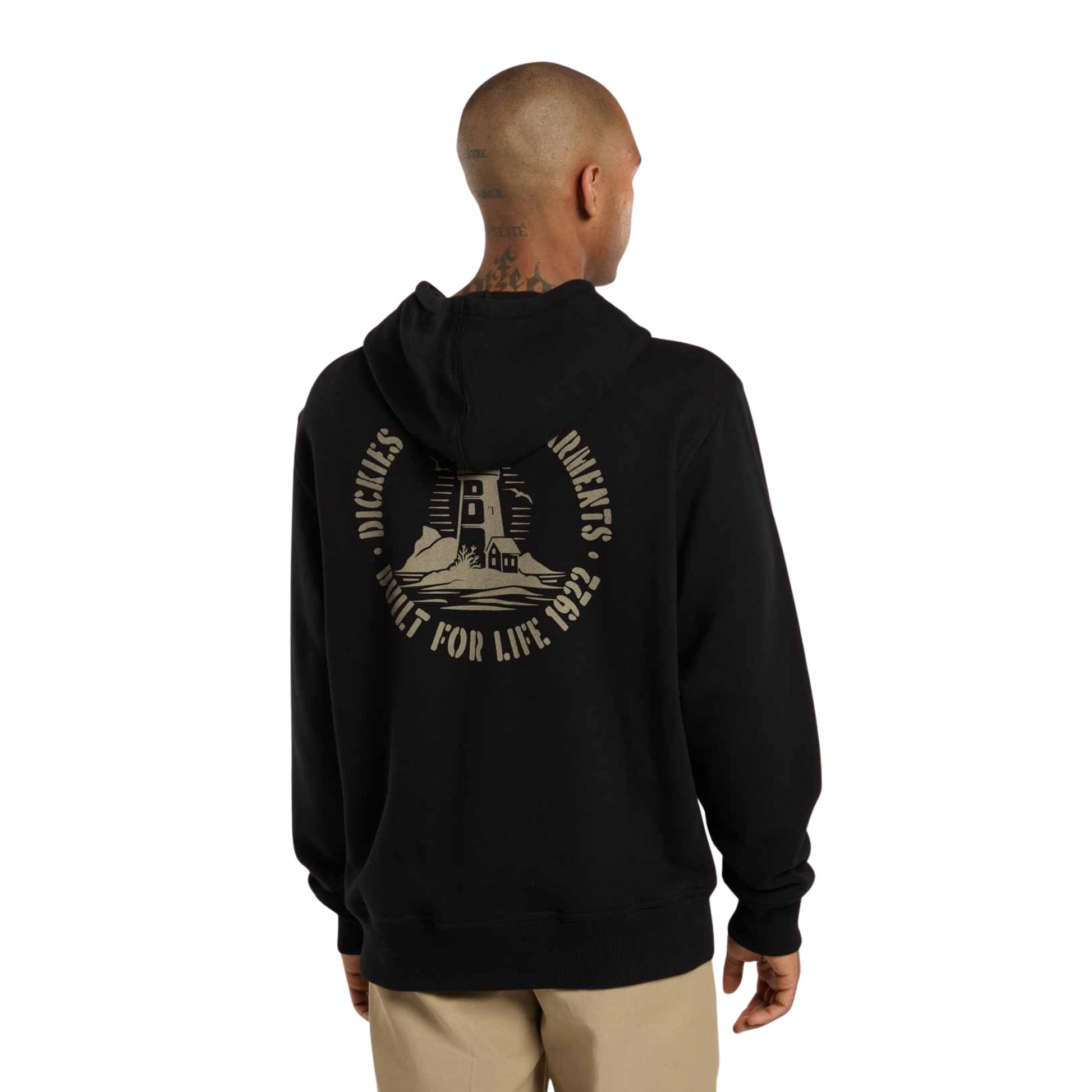 Sweat com carapuço para homem Dickies Parrotsville em preto. Foto da parte de trás, vestida.