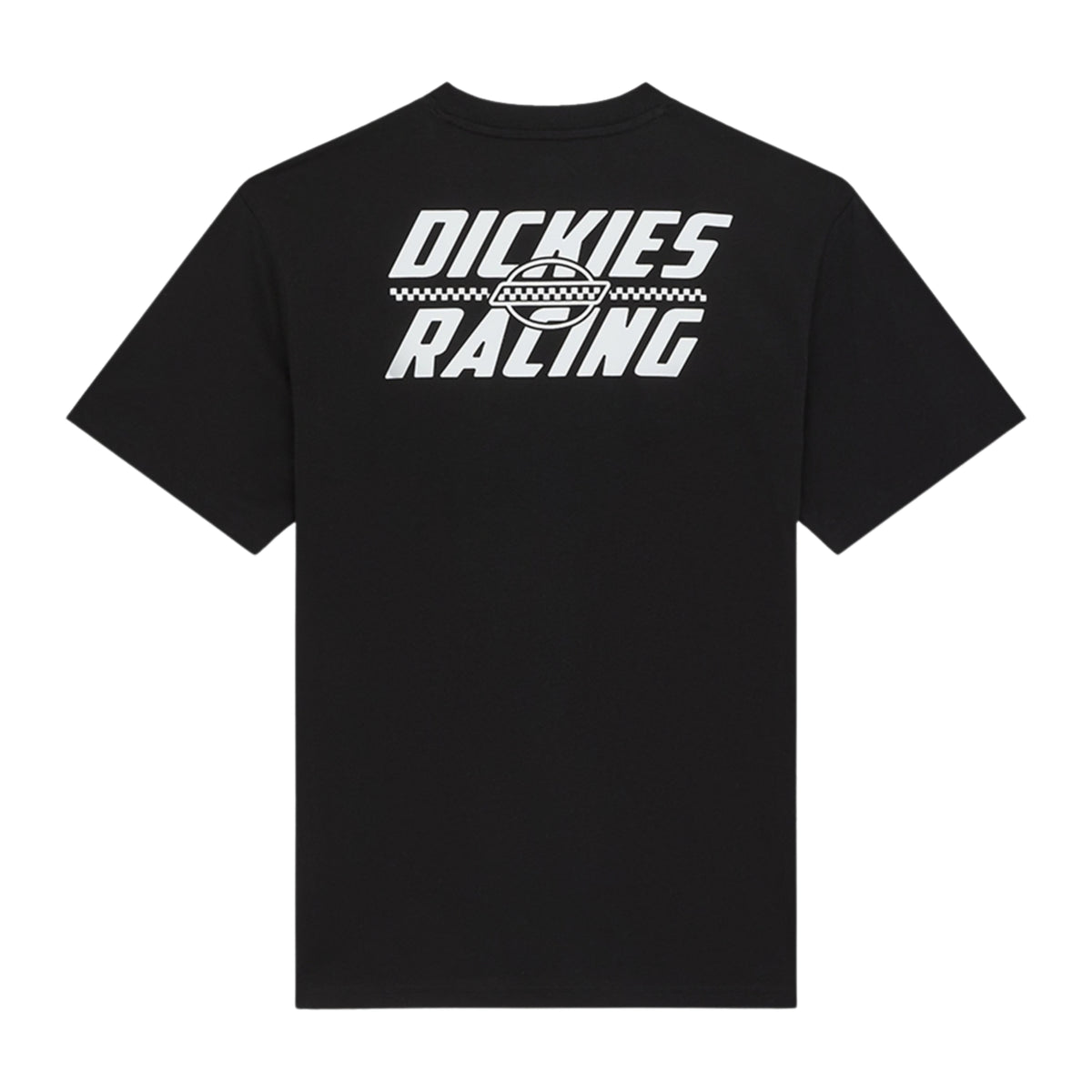 T-shirt de manga curta Dickies Racing preta vista de costas, sem modelo, com grande gráfico branco e faixa axadrezada.